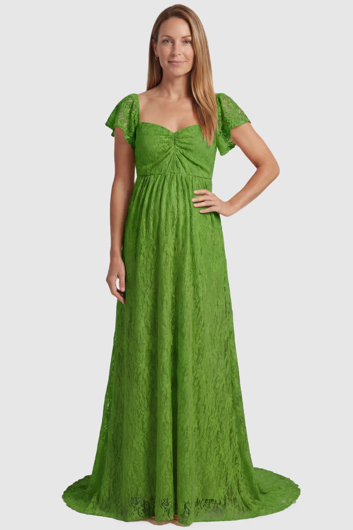 Lace Off Shoulder Maternity Maxi Dress Lace Off Shoulder Maternity Maxi Dress in apple green featuring a sweetheart neckline with a ruched bust and a full-length skirt, shown on a postpartum model, front view.