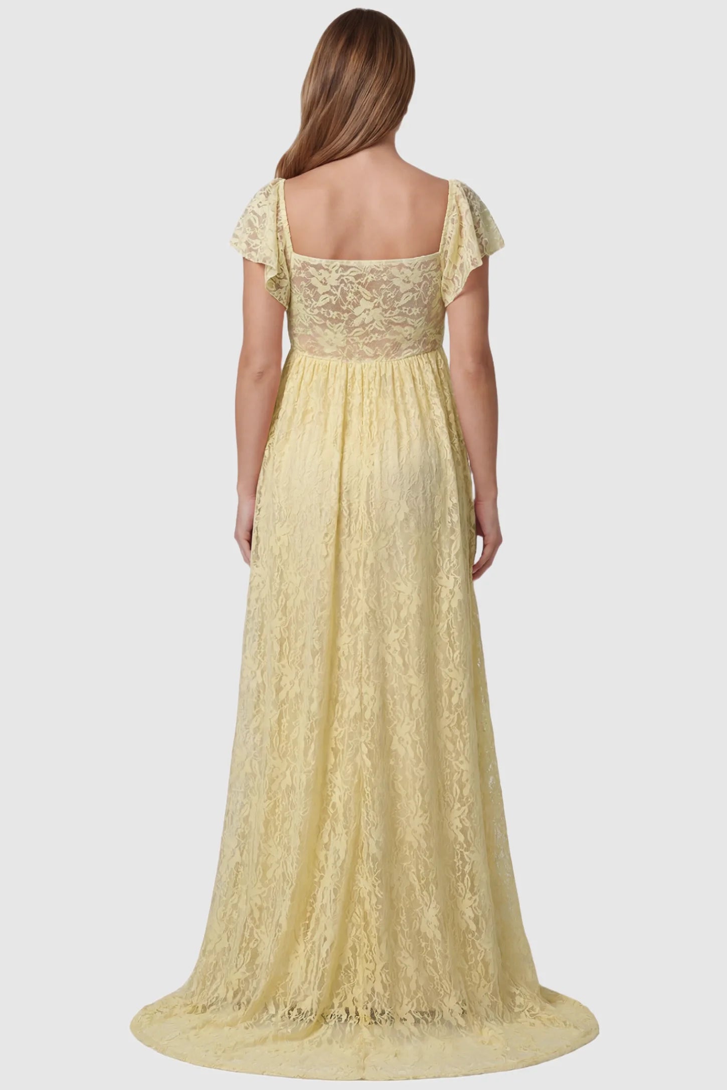Lace Off Shoulder Maternity Maxi Dress Lace Off Shoulder Maternity Maxi Dress in apricot featuring full-length skirt, shown on a pregnant model, back view.