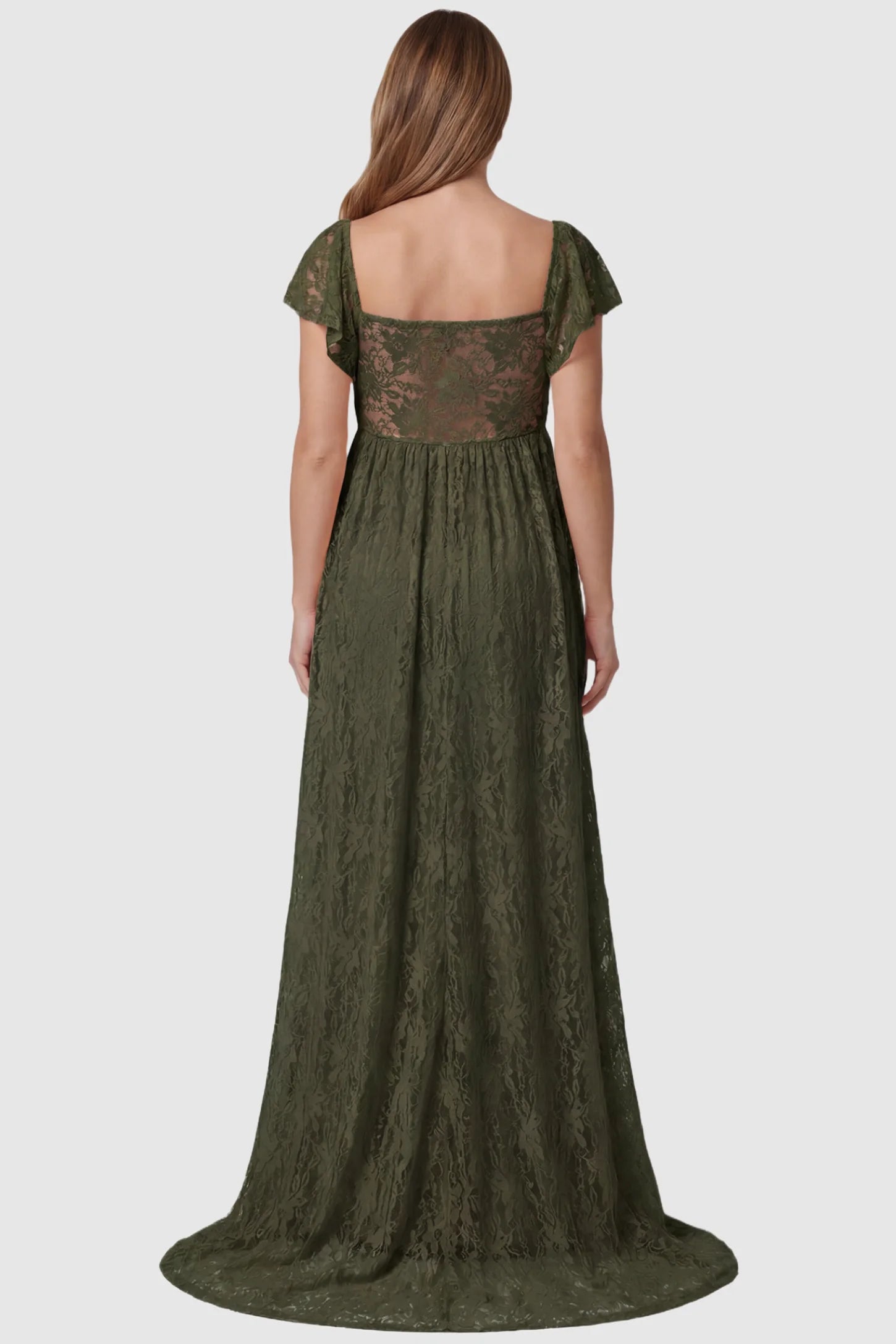 Lace Off Shoulder Maternity Maxi Dress Lace Off Shoulder Maternity Maxi Dress in army green featuring full-length skirt, shown on a pregnant model, back view.