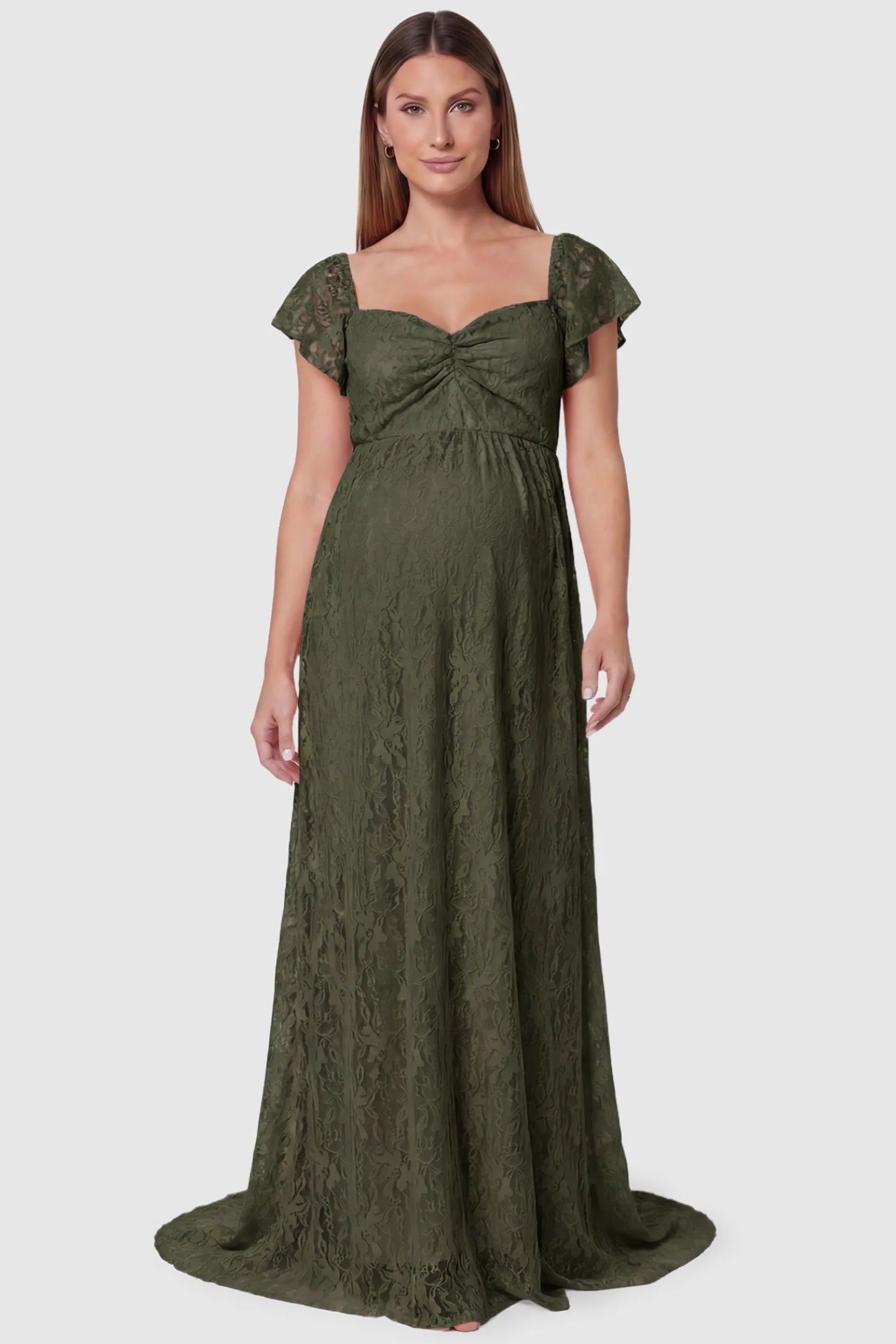 Lace Off Shoulder Maternity Maxi Dress Lace Off Shoulder Maternity Maxi Dress in army green featuring a sweetheart neckline with a ruched bust and a full-length skirt, shown on a pregnant model, front view.