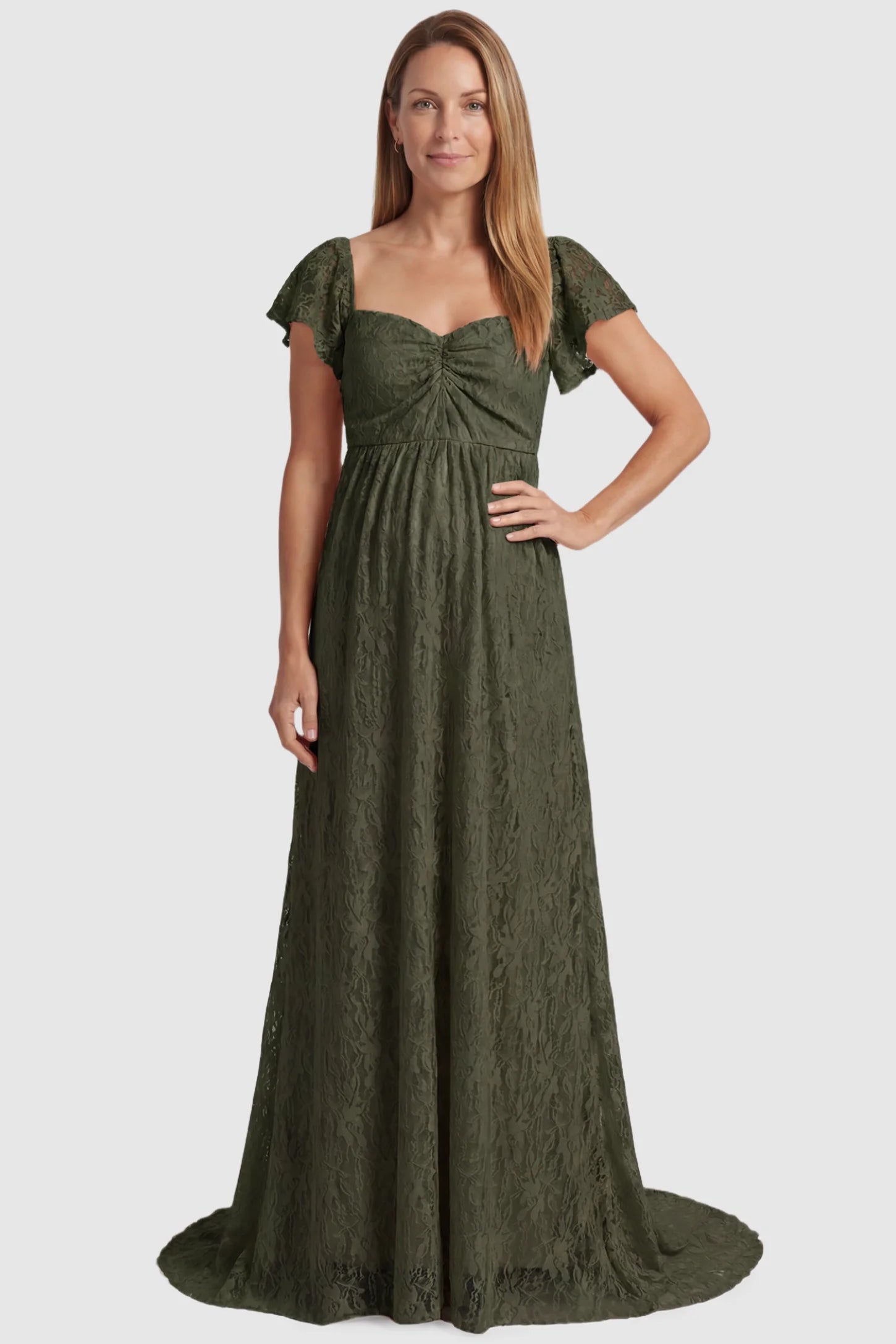 Lace Off Shoulder Maternity Maxi Dress Lace Off Shoulder Maternity Maxi Dress in army green featuring a sweetheart neckline with a ruched bust and a full-length skirt, shown on a postpartum model, front view.