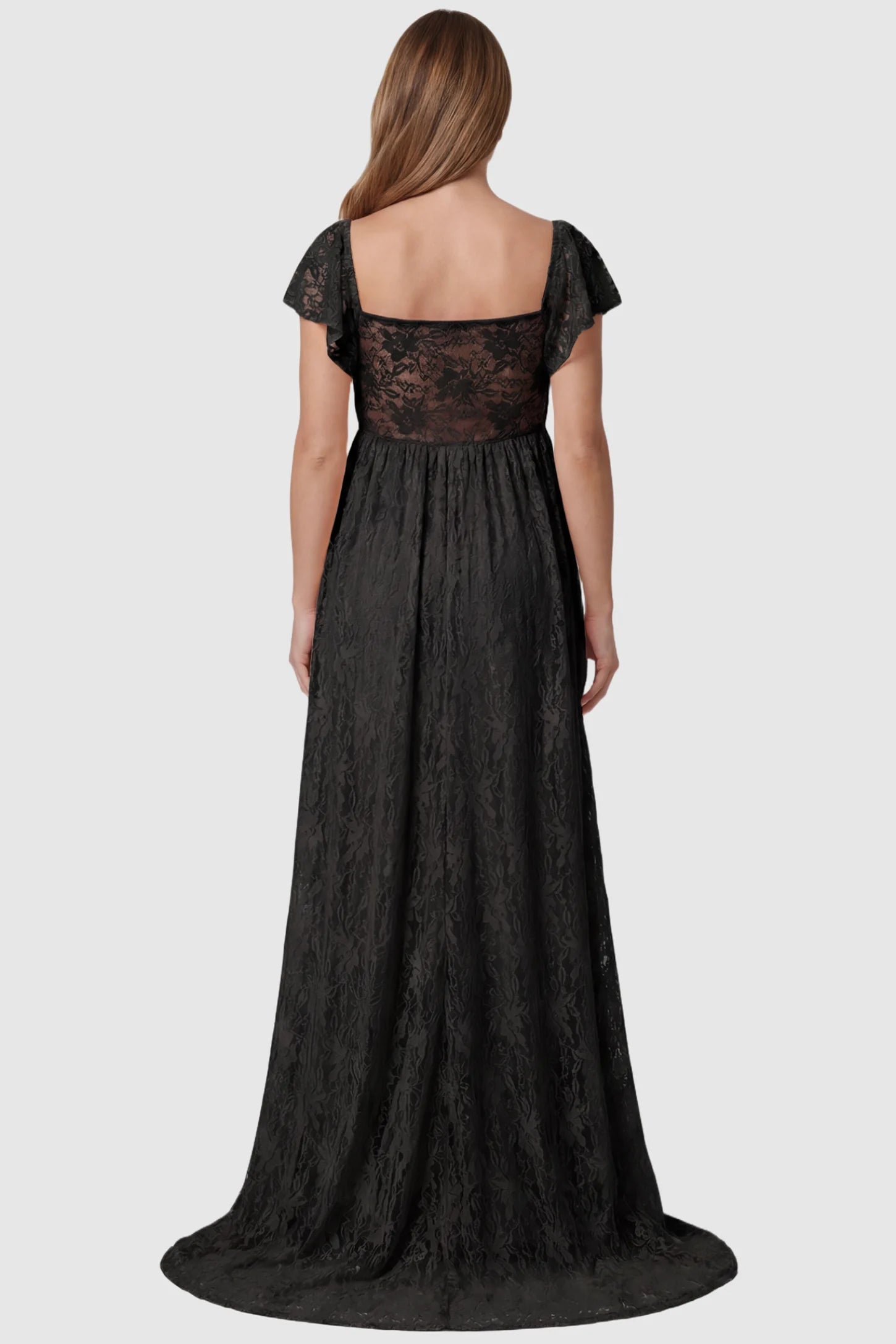 Lace Off Shoulder Maternity Maxi Dress Lace Off Shoulder Maternity Maxi Dress in black featuring full-length skirt, shown on a pregnant model, back view.