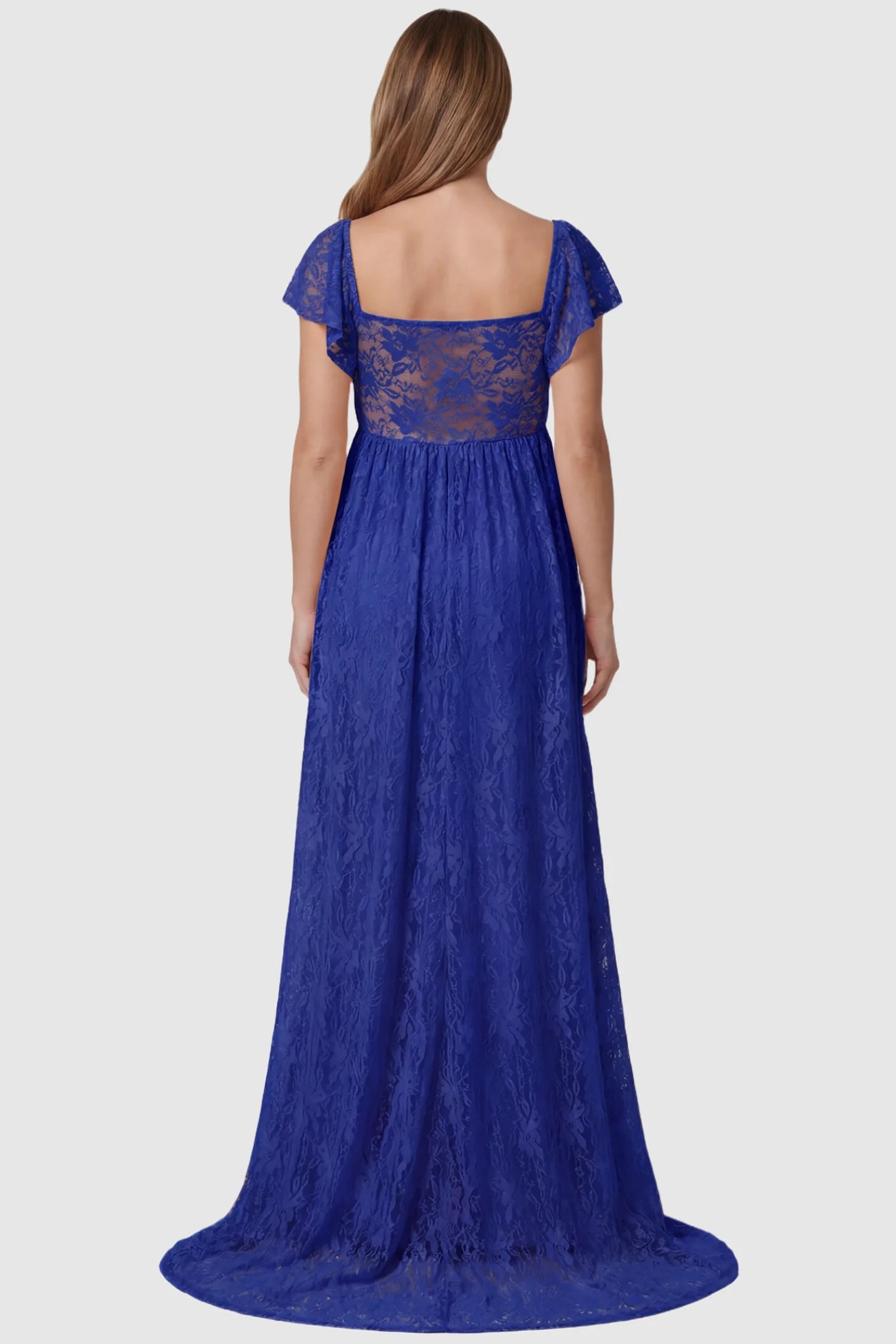 Lace Off Shoulder Maternity Maxi Dress Lace Off Shoulder Maternity Maxi Dress in blue featuring full-length skirt, shown on a pregnant model, back view.