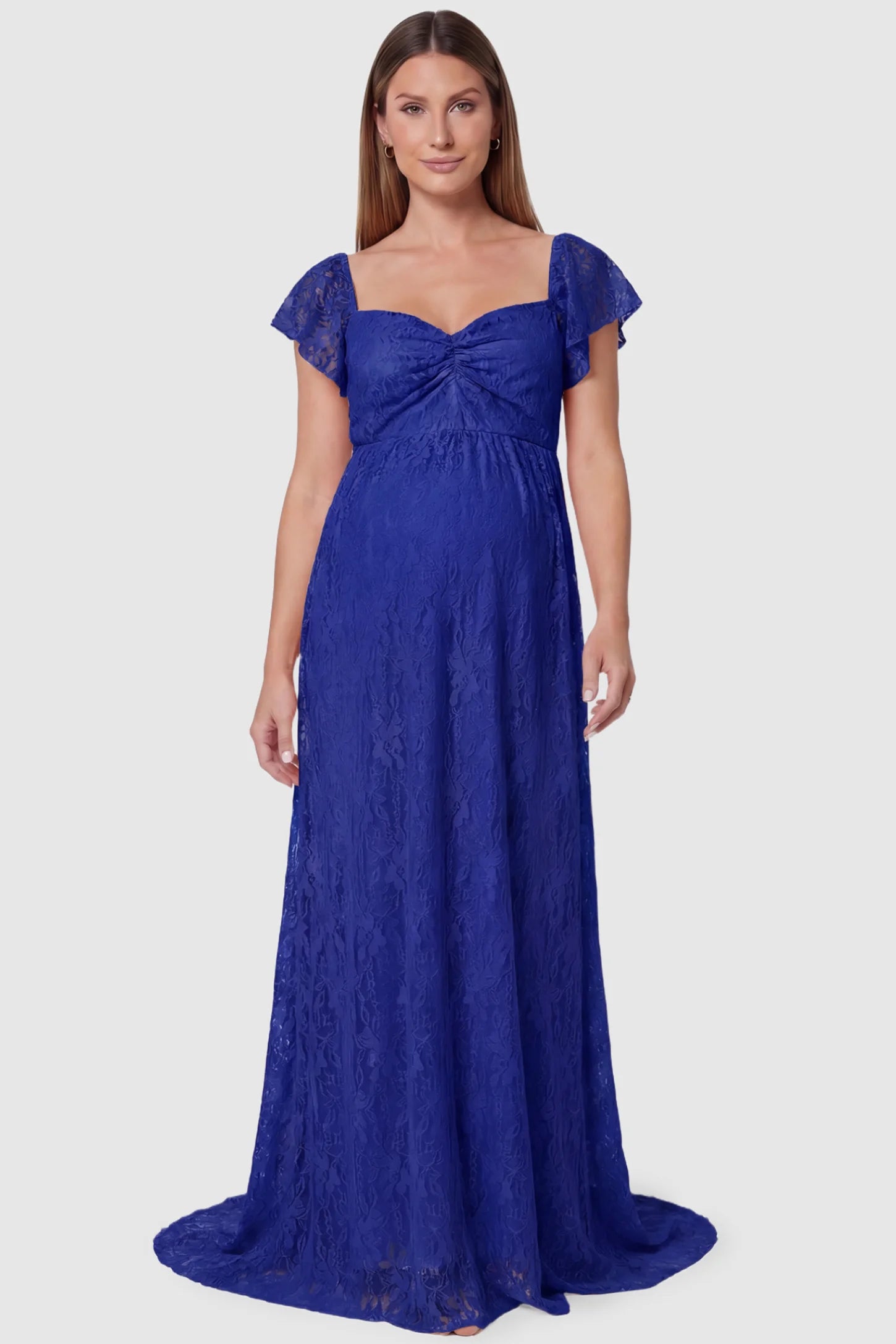 Lace Off Shoulder Maternity Maxi Dress Lace Off Shoulder Maternity Maxi Dress in blue featuring a sweetheart neckline with a ruched bust and a full-length skirt, shown on a pregnant model, front view.