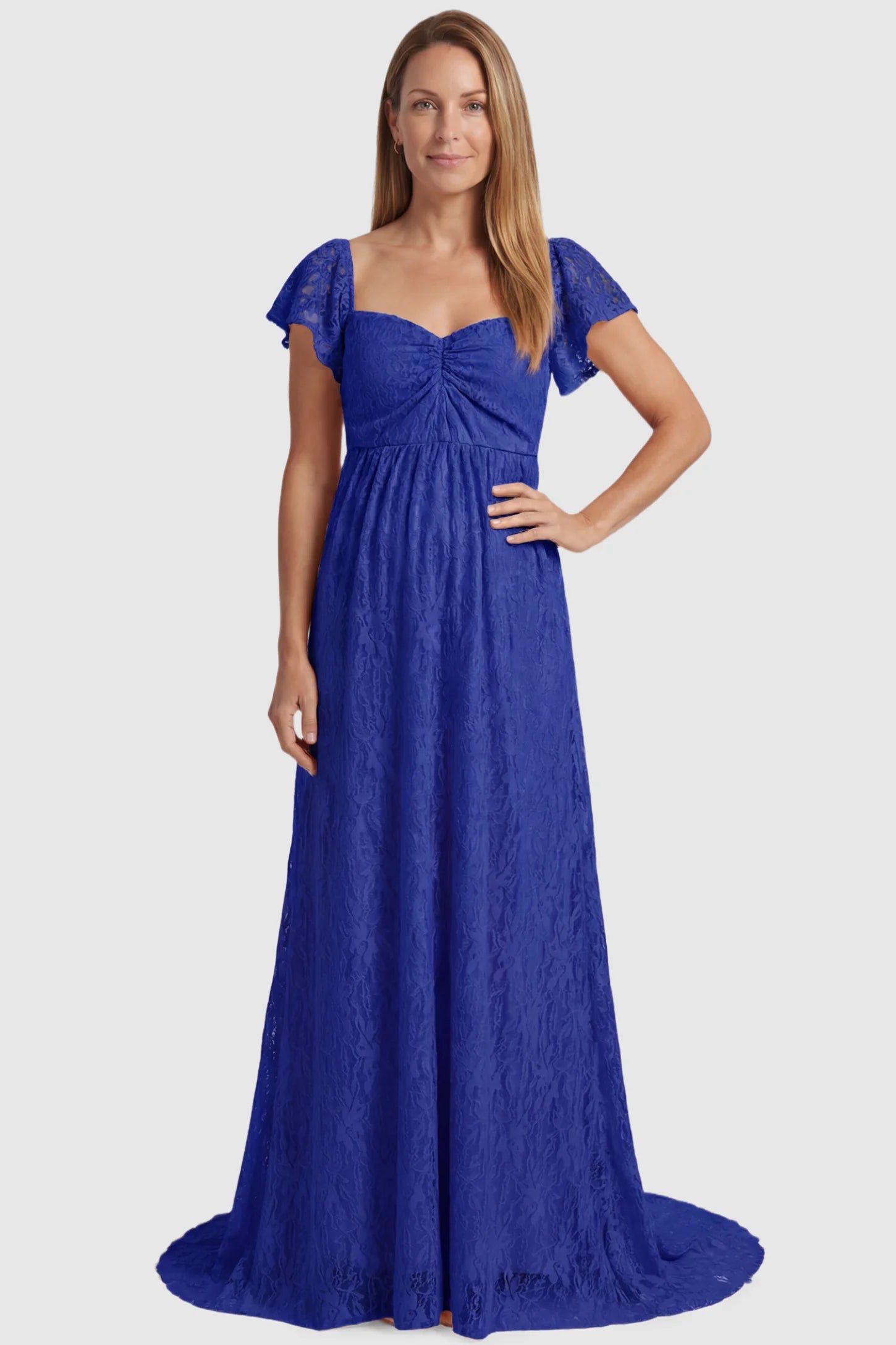 Lace Off Shoulder Maternity Maxi Dress Lace Off Shoulder Maternity Maxi Dress in blue featuring a sweetheart neckline with a ruched bust and a full-length skirt, shown on a postpartum model, front view.