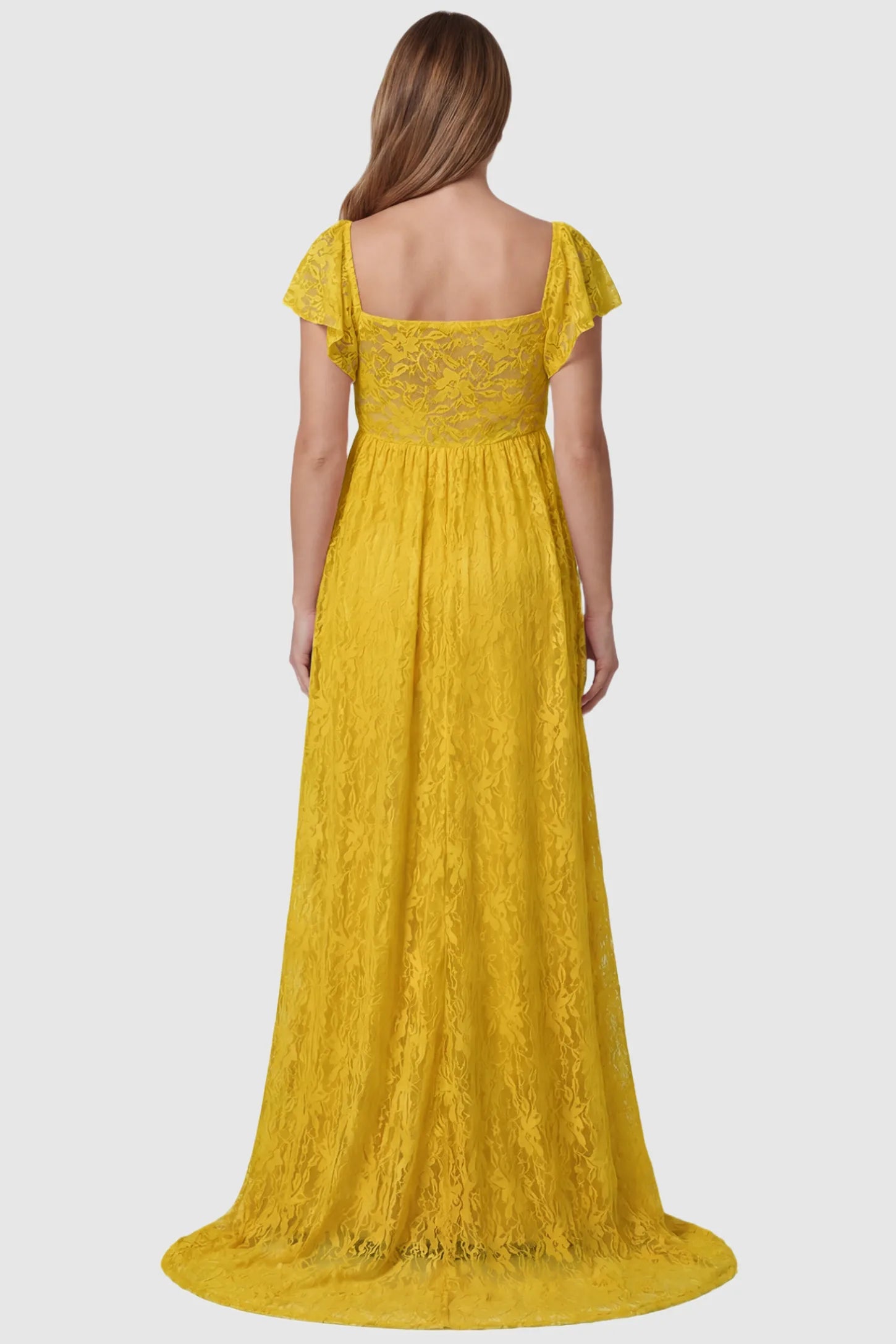 Lace Off Shoulder Maternity Maxi Dress Lace Off Shoulder Maternity Maxi Dress in ginger yellow featuring full-length skirt, shown on a pregnant model, back view.