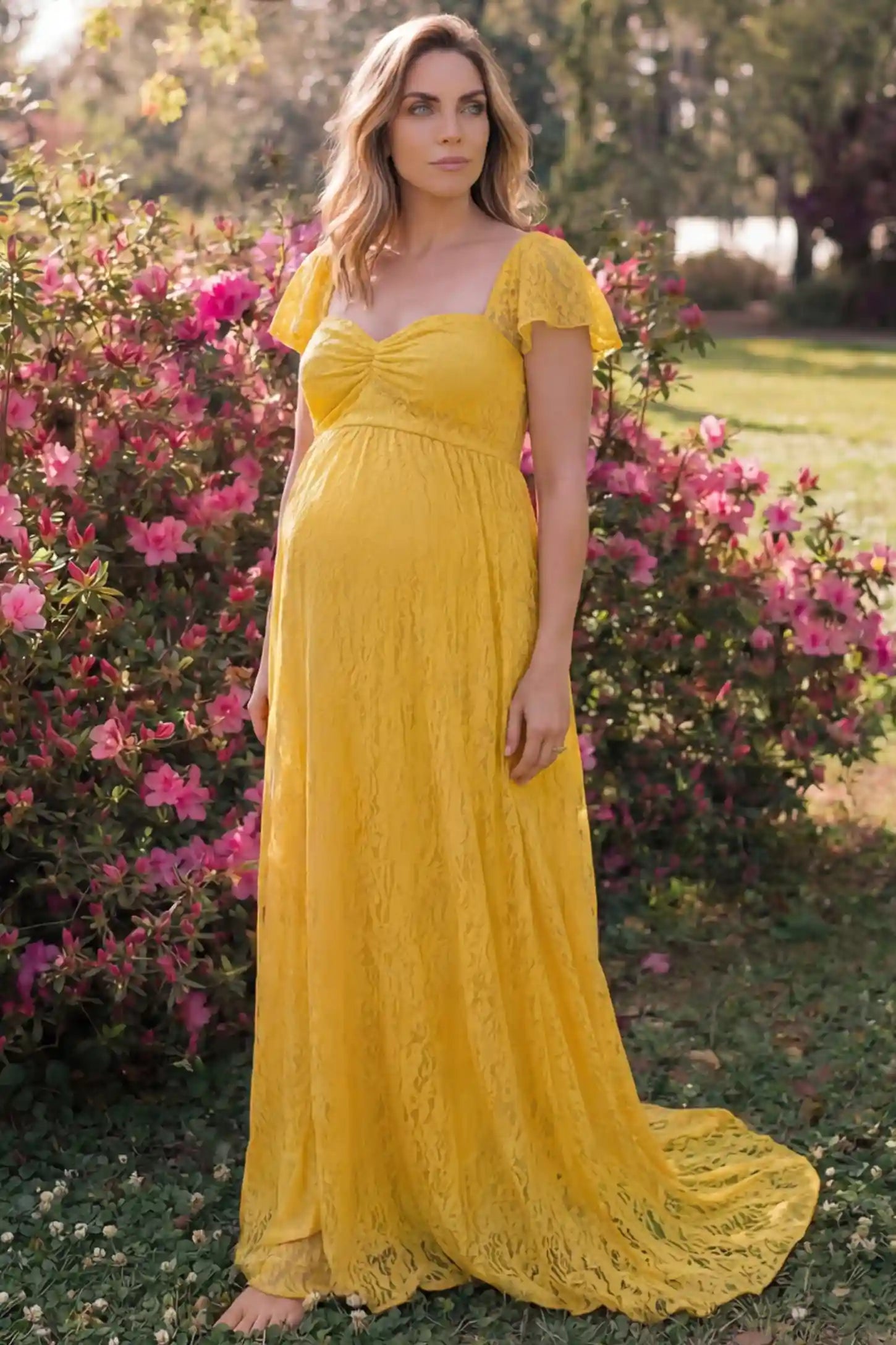 Lace Off Shoulder Maternity Maxi Dress Lace Off Shoulder Maternity Maxi Dress in ginger yellow featuring a sweetheart neckline with a ruched bust and a full-length skirt, shown on a pregnant woman in a garden, side view.