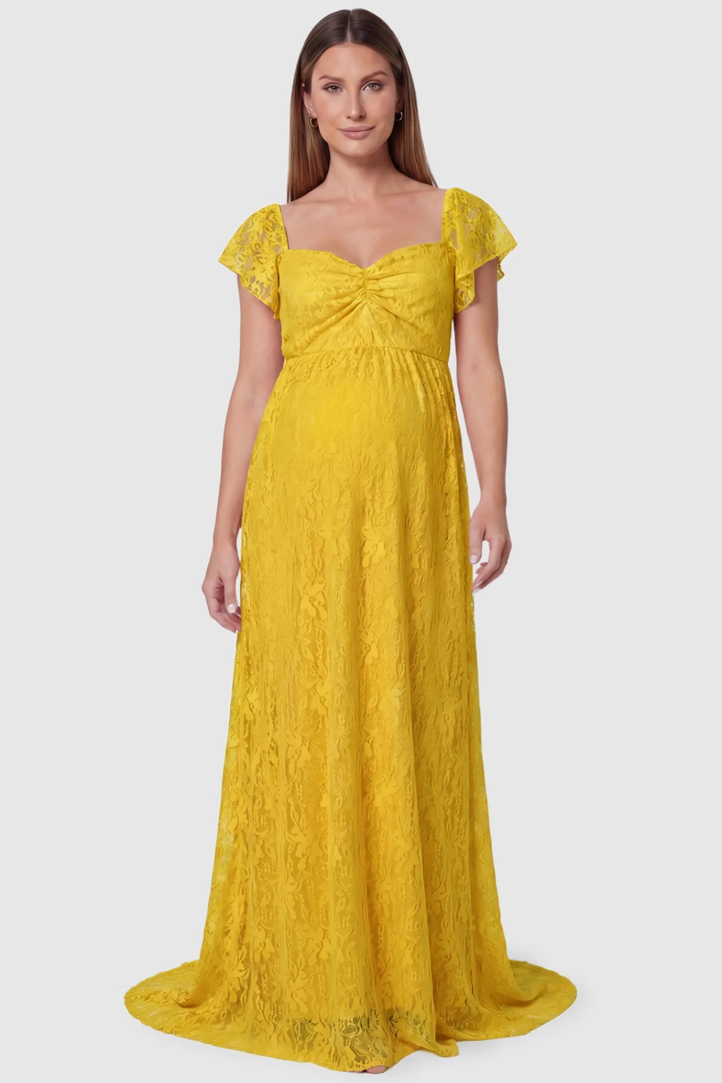 Lace Off Shoulder Maternity Maxi Dress Lace Off Shoulder Maternity Maxi Dress in ginger yellow featuring a sweetheart neckline with a ruched bust and a full-length skirt, shown on a pregnant model, front view.