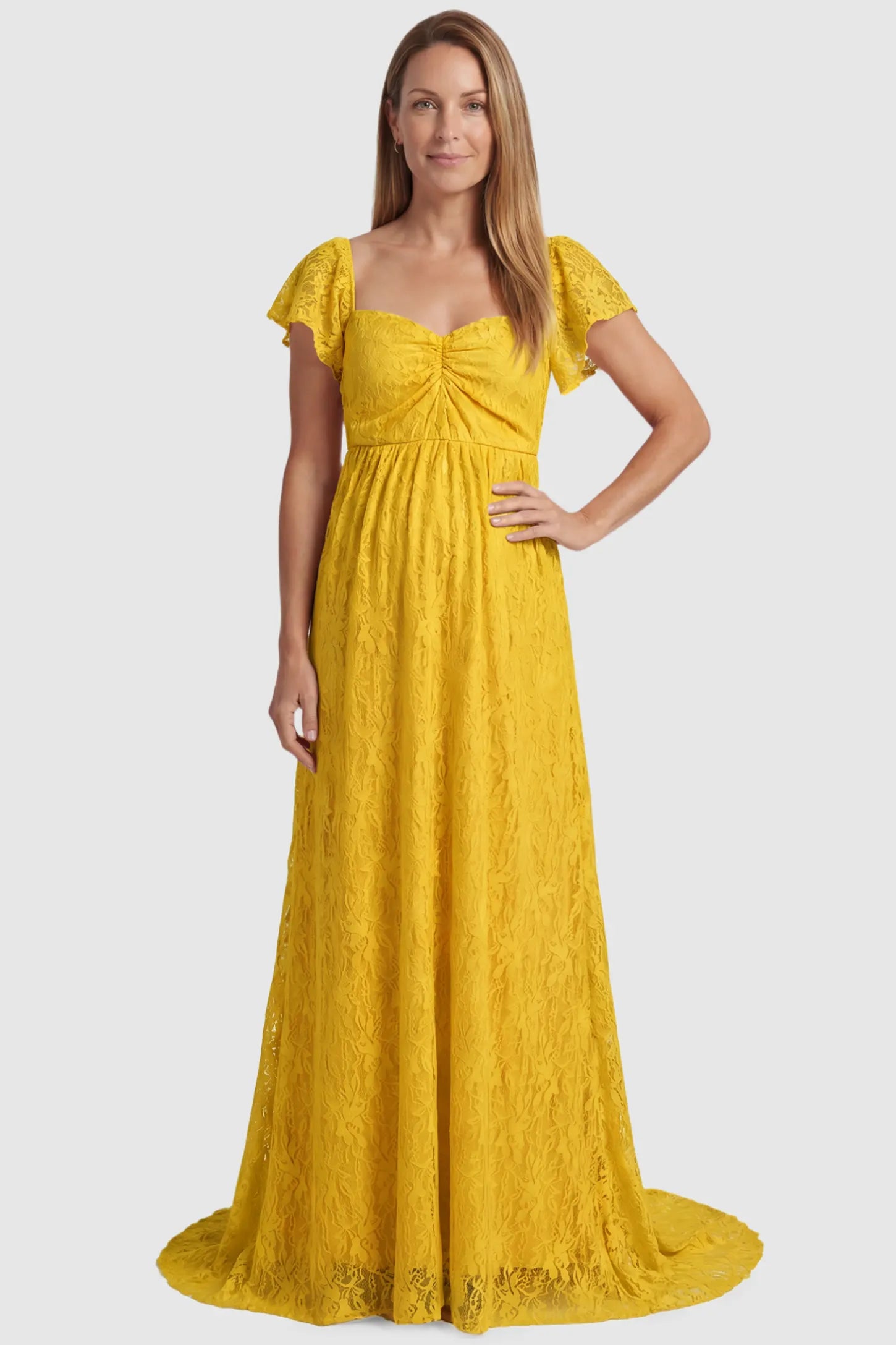 Lace Off Shoulder Maternity Maxi Dress Lace Off Shoulder Maternity Maxi Dress in ginger yellow featuring a sweetheart neckline with a ruched bust and a full-length skirt, shown on a postpartum model, front view.