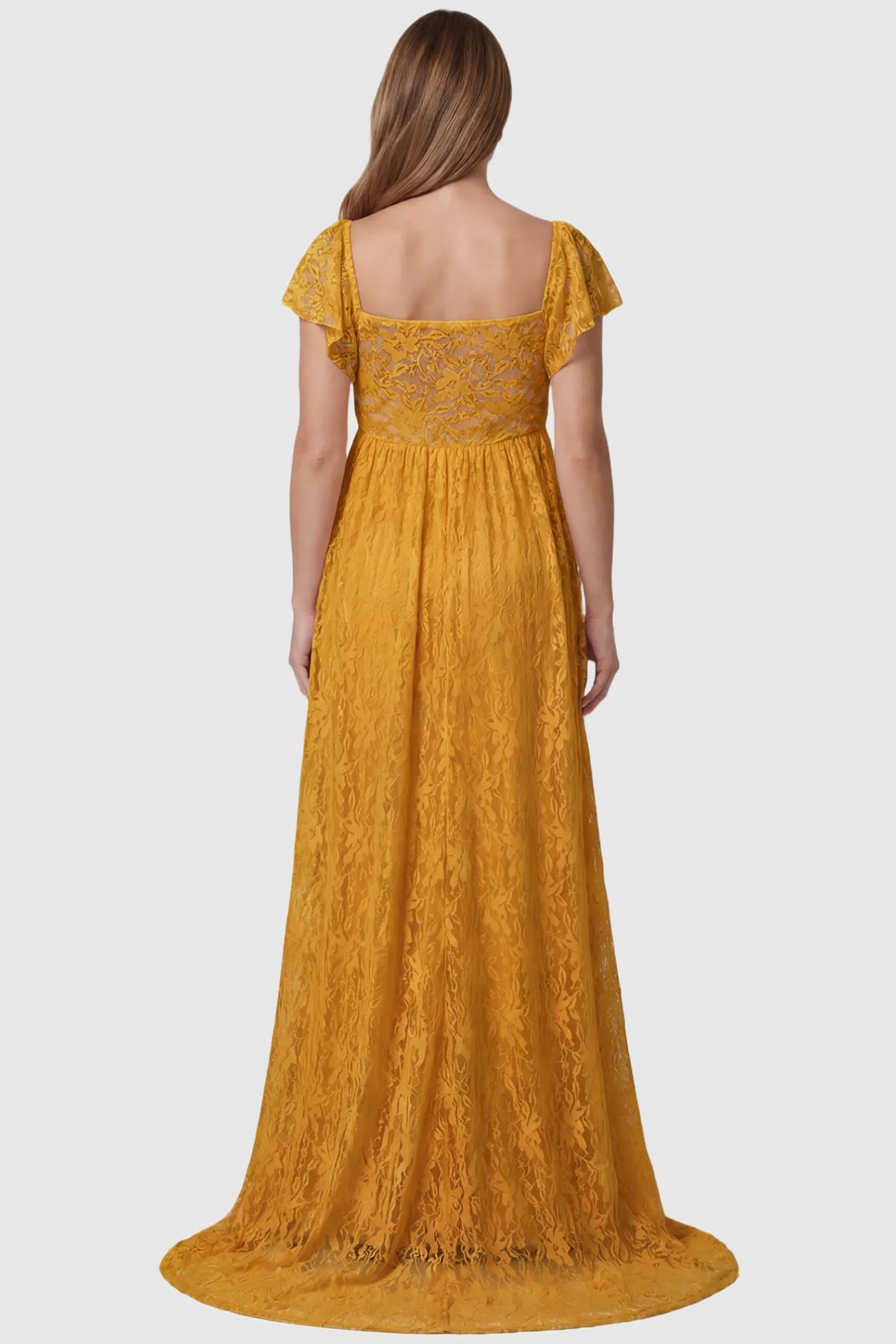 Lace Off Shoulder Maternity Maxi Dress Lace Off Shoulder Maternity Maxi Dress in gold featuring full-length skirt, shown on a pregnant model, back view.