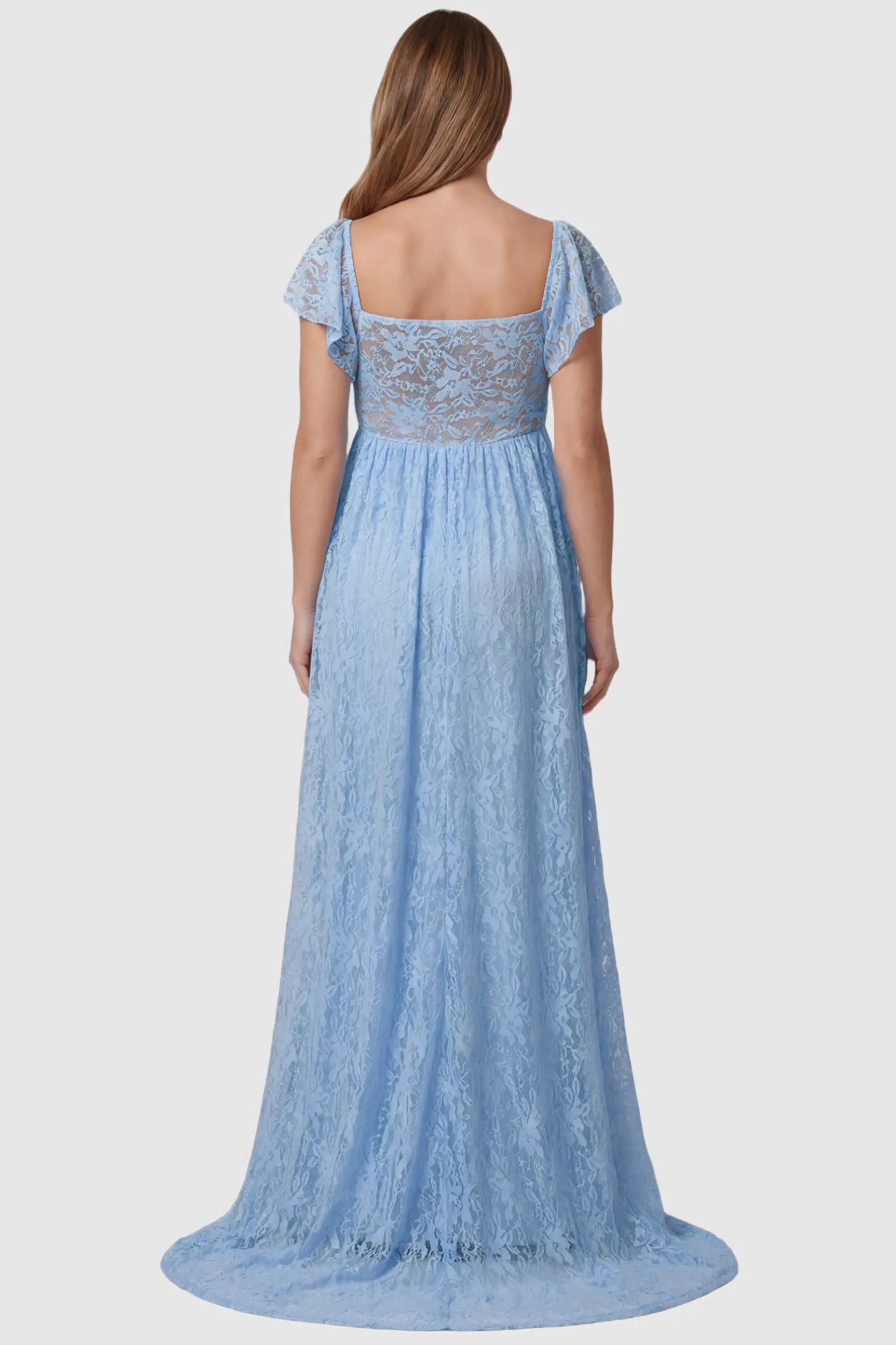 Lace Off Shoulder Maternity Maxi Dress Lace Off Shoulder Maternity Maxi Dress in light blue featuring full-length skirt, shown on a pregnant model, back view.