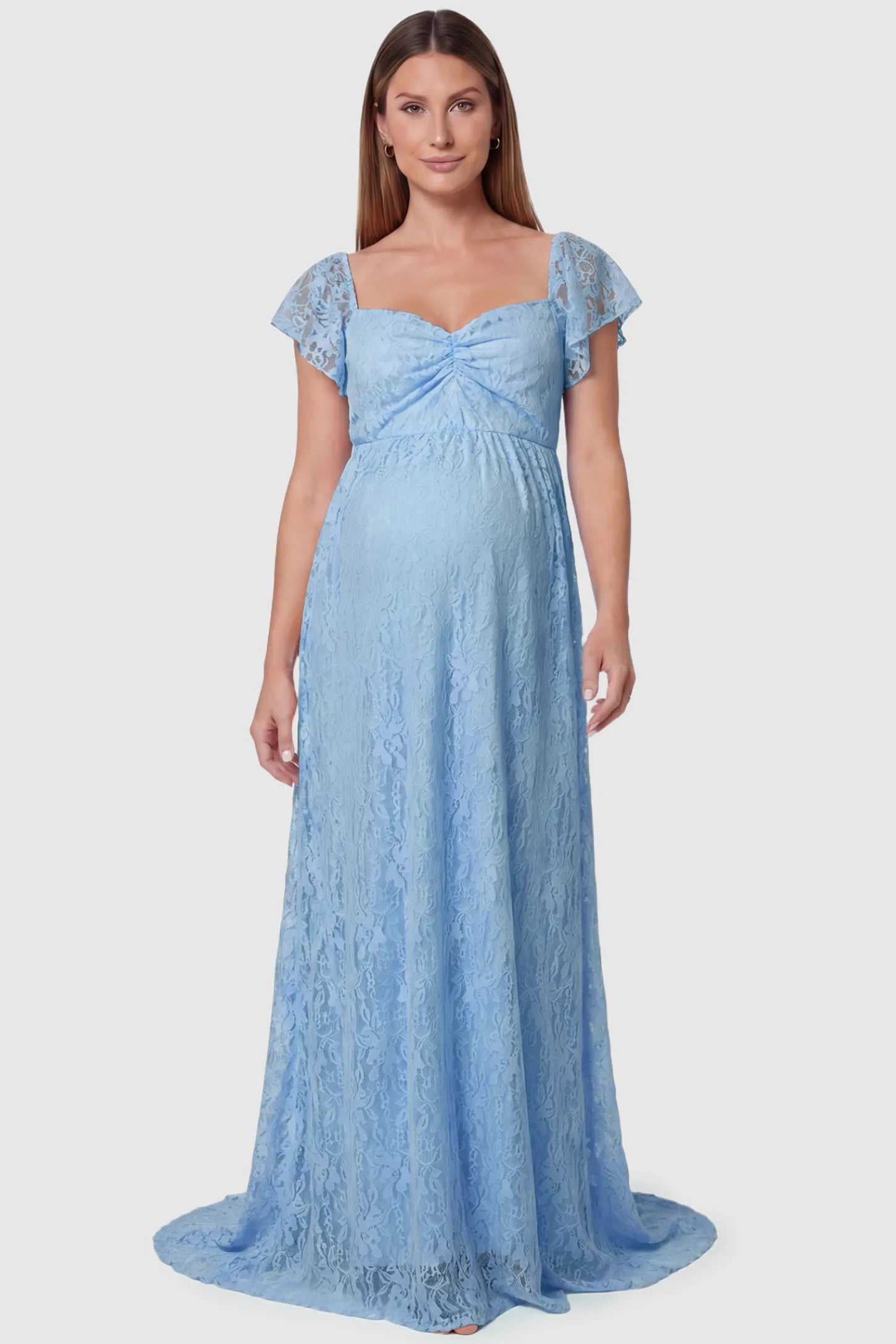 Lace Off Shoulder Maternity Maxi Dress Lace Off Shoulder Maternity Maxi Dress in light blue featuring a sweetheart neckline with a ruched bust and a full-length skirt, shown on a pregnant model, front view.