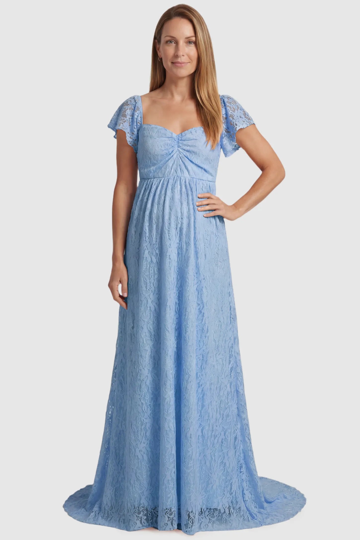 Lace Off Shoulder Maternity Maxi Dress Lace Off Shoulder Maternity Maxi Dress in light blue featuring a sweetheart neckline with a ruched bust and a full-length skirt, shown on a postpartum model, front view.