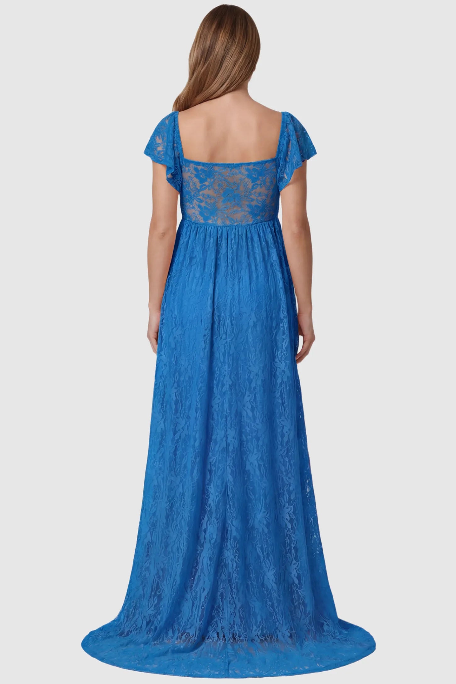 Lace Off Shoulder Maternity Maxi Dress Lace Off Shoulder Maternity Maxi Dress in ocean blue featuring full-length skirt, shown on a pregnant model, back view.