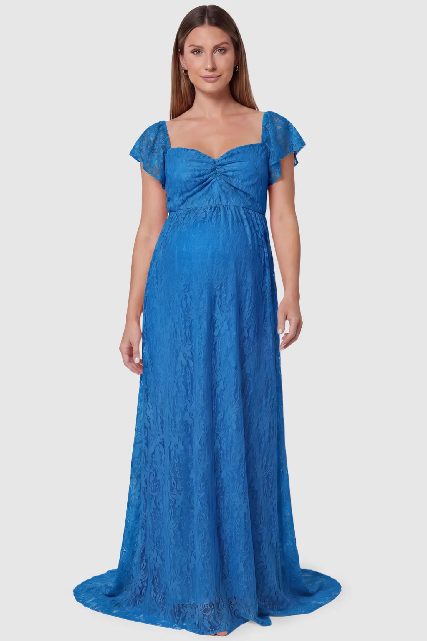 Lace Off Shoulder Maternity Maxi Dress Lace Off Shoulder Maternity Maxi Dress in ocean blue featuring a sweetheart neckline with a ruched bust and a full-length skirt, shown on a pregnant model, front view.