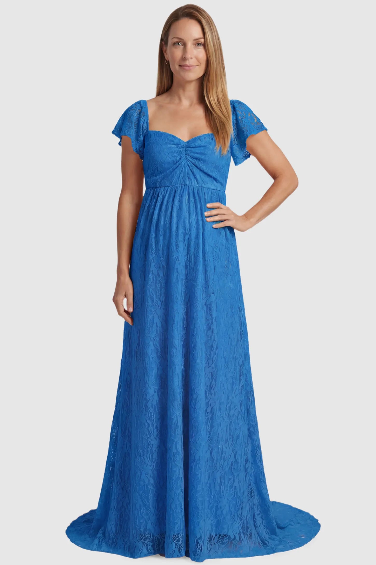 Lace Off Shoulder Maternity Maxi Dress Lace Off Shoulder Maternity Maxi Dress in ocean blue featuring a sweetheart neckline with a ruched bust and a full-length skirt, shown on a postpartum model, front view.