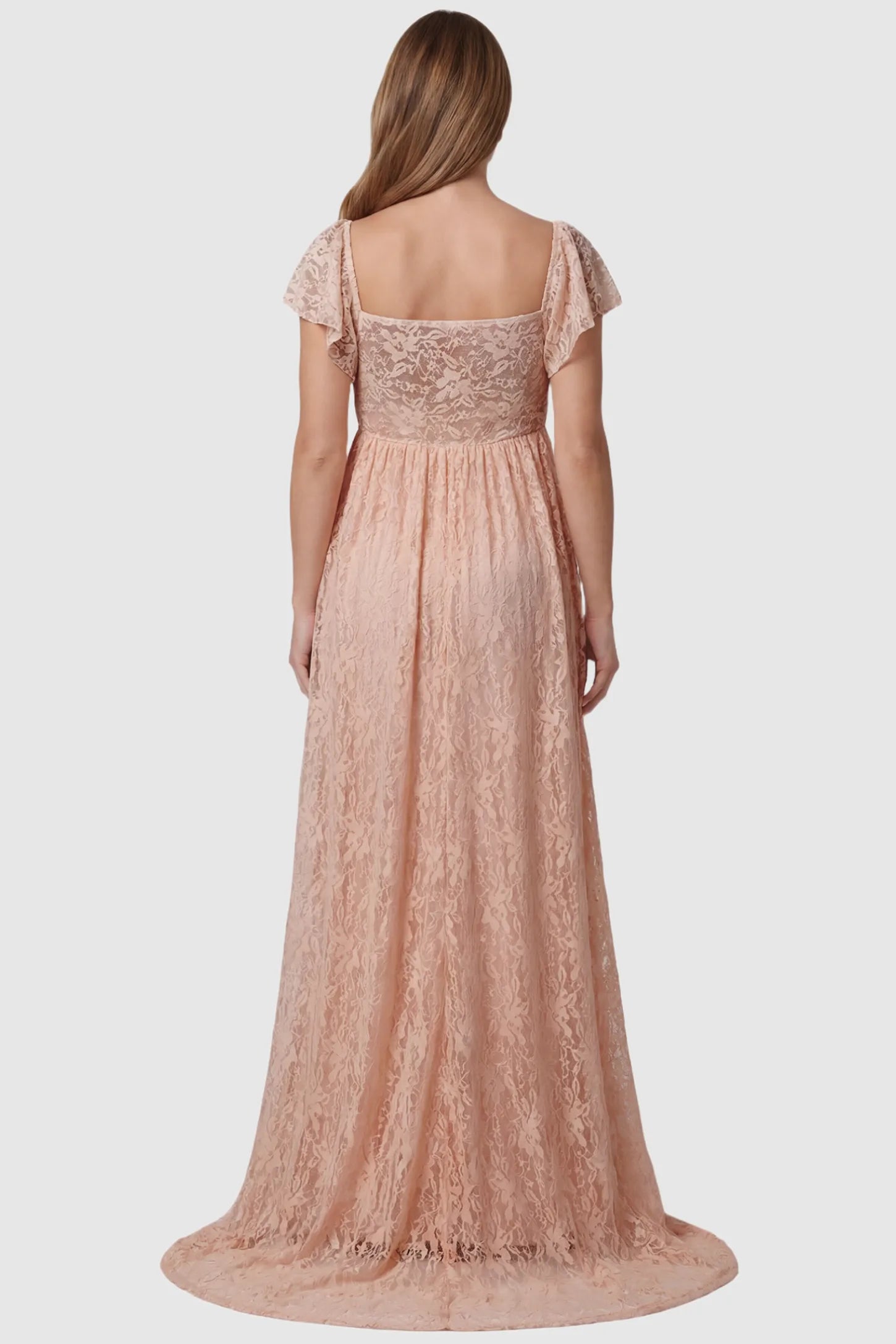 Lace Off Shoulder Maternity Maxi Dress Lace Off Shoulder Maternity Maxi Dress in pink featuring full-length skirt, shown on a pregnant model, back view.