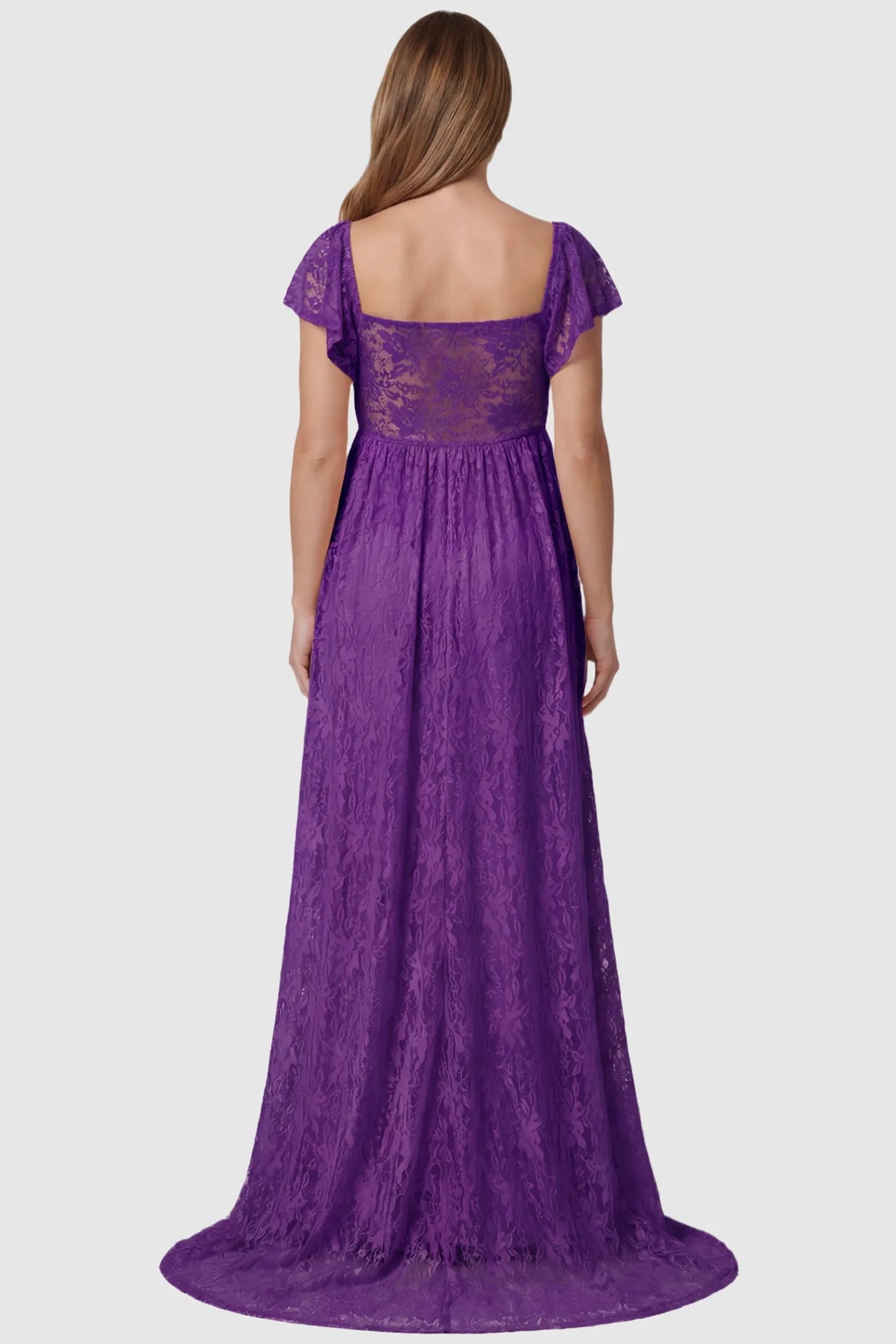 Lace Off Shoulder Maternity Maxi Dress Lace Off Shoulder Maternity Maxi Dress in purple featuring full-length skirt, shown on a pregnant model, back view.