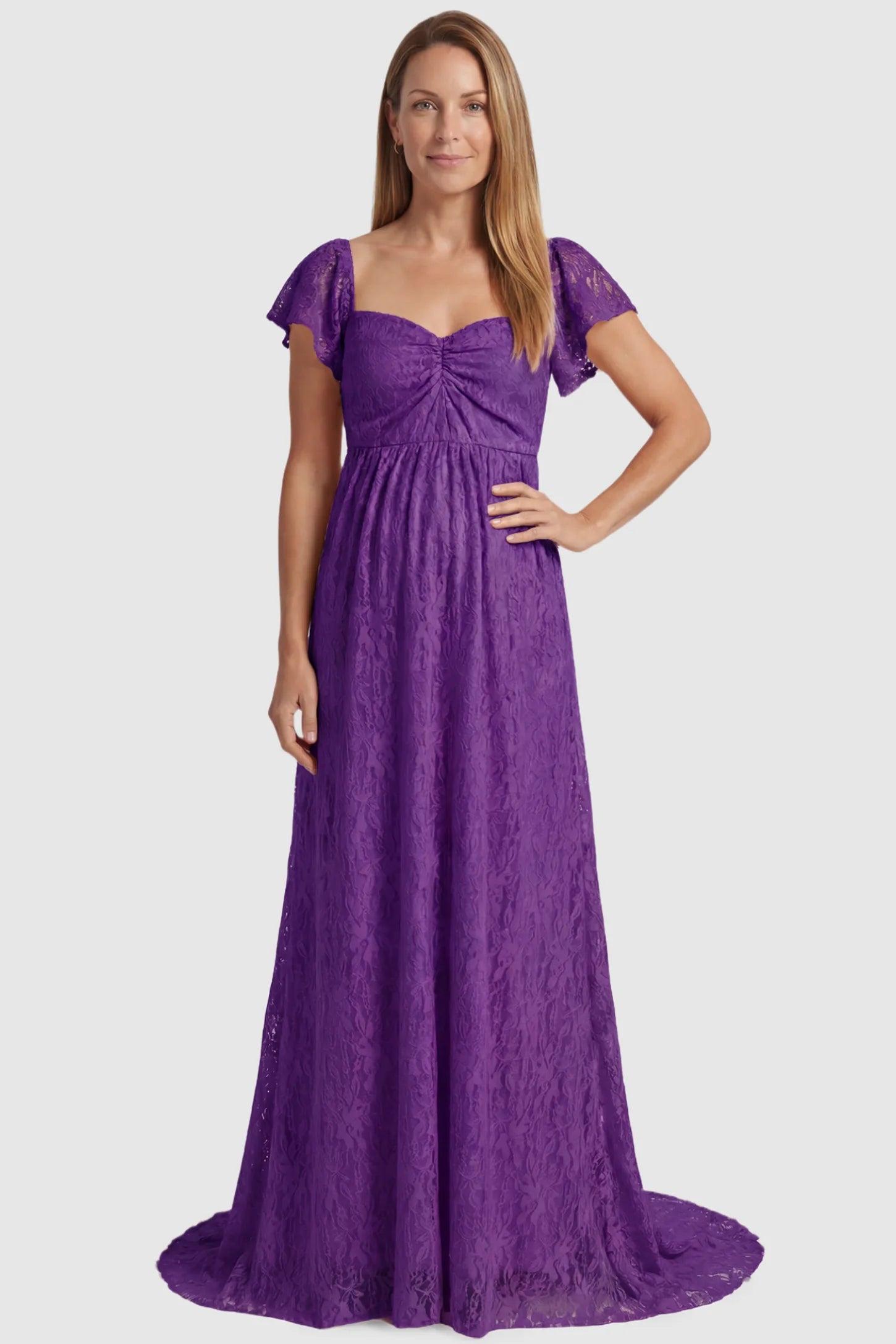 Lace Off Shoulder Maternity Maxi Dress Lace Off Shoulder Maternity Maxi Dress in purple featuring a sweetheart neckline with a ruched bust and a full-length skirt, shown on a postpartum model, front view.
