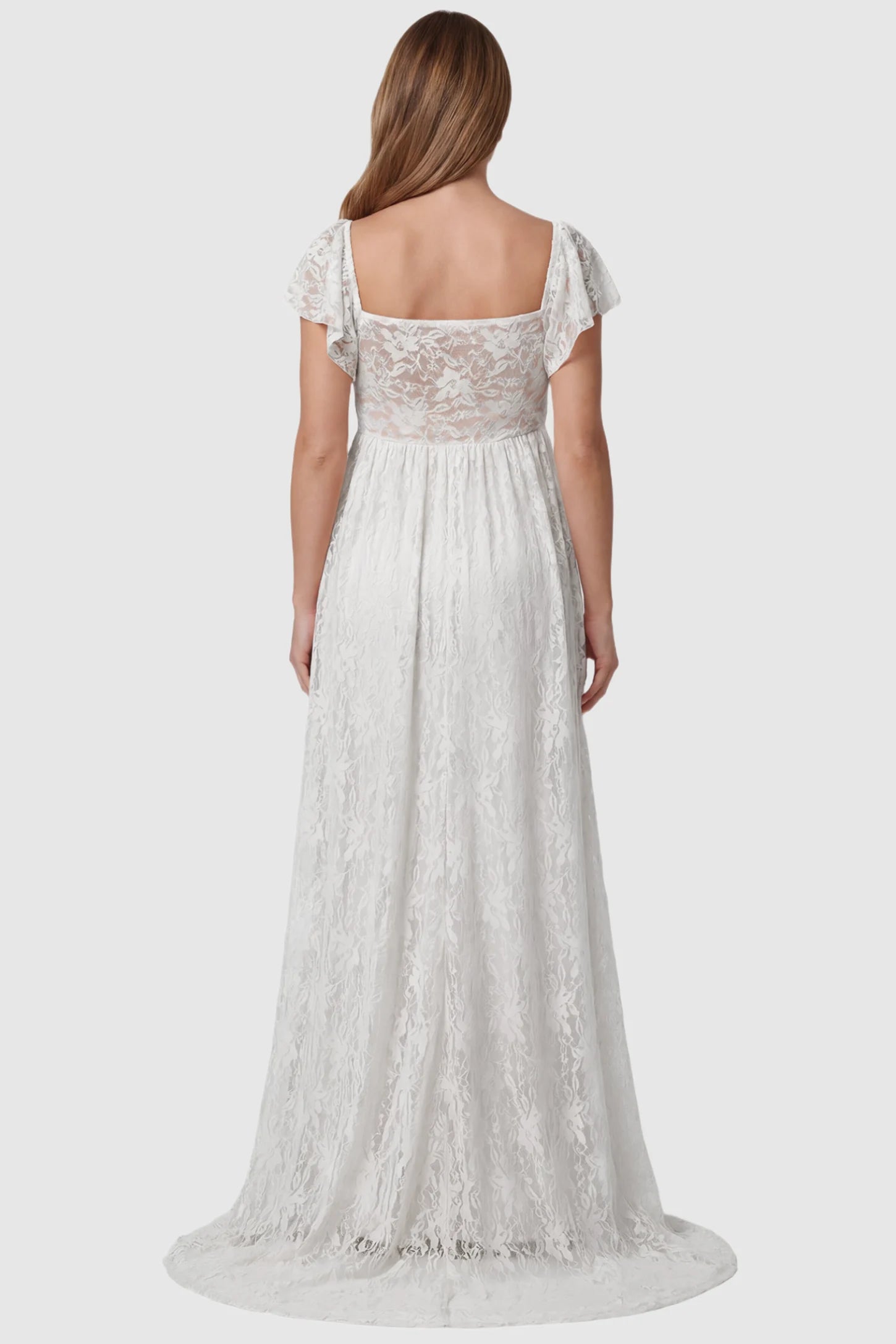 Lace Off Shoulder Maternity Maxi Dress Lace Off Shoulder Maternity Maxi Dress in white featuring full-length skirt, shown on a pregnant model, back view.