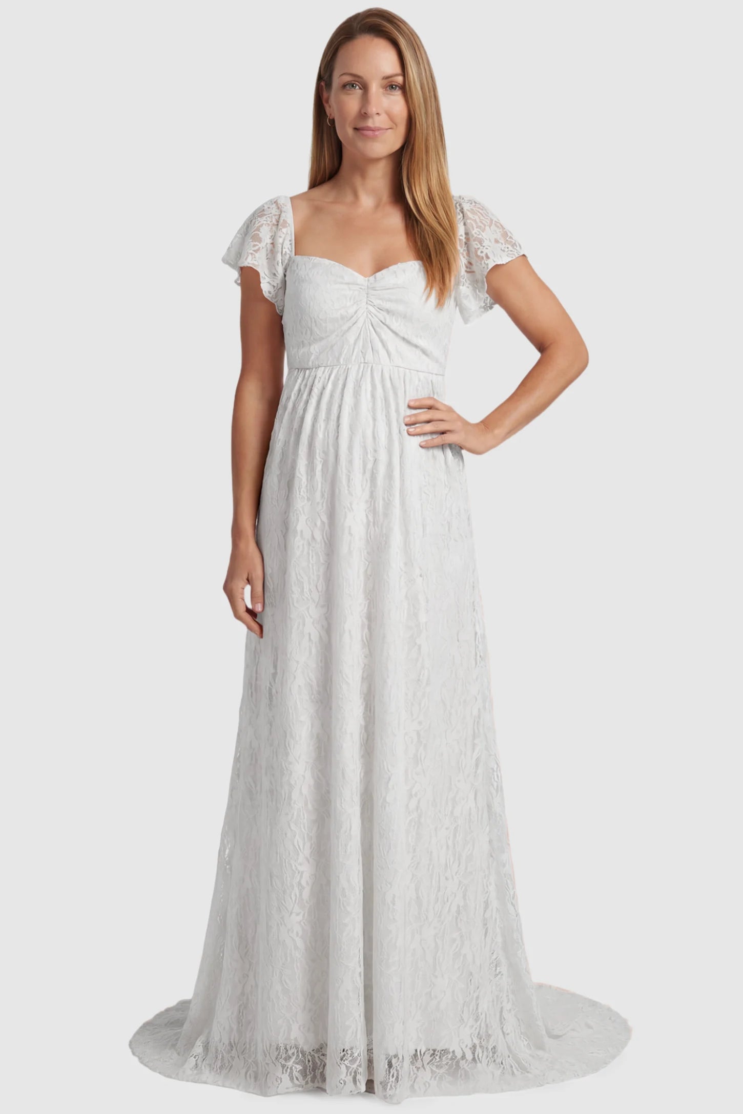 Lace Off Shoulder Maternity Maxi Dress Lace Off Shoulder Maternity Maxi Dress in white featuring a sweetheart neckline with a ruched bust and a full-length skirt, shown on a postpartum model, front view.