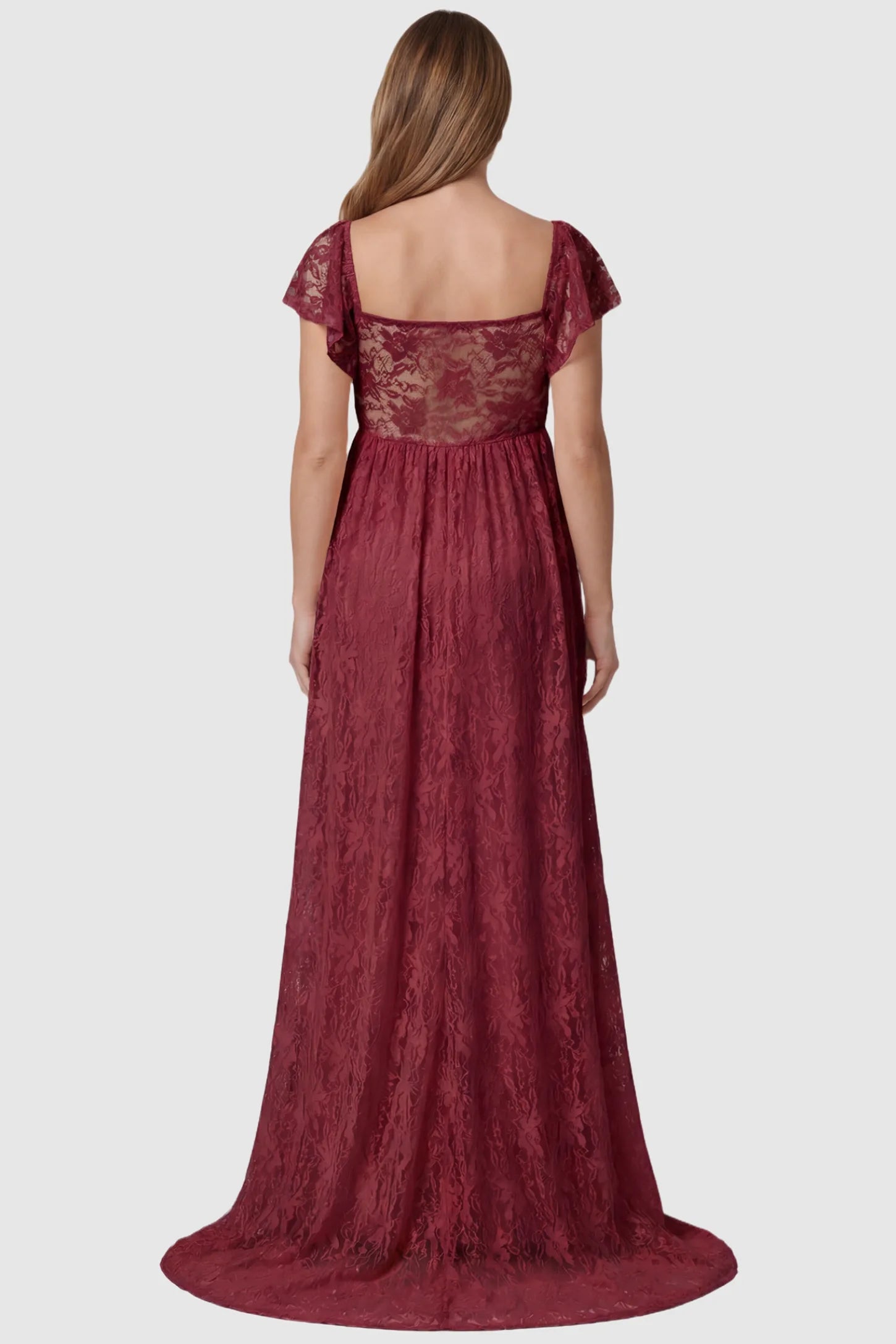 Lace Off Shoulder Maternity Maxi Dress Lace Off Shoulder Maternity Maxi Dress in wine red featuring a full-length skirt, shown on a pregnant model, back view.