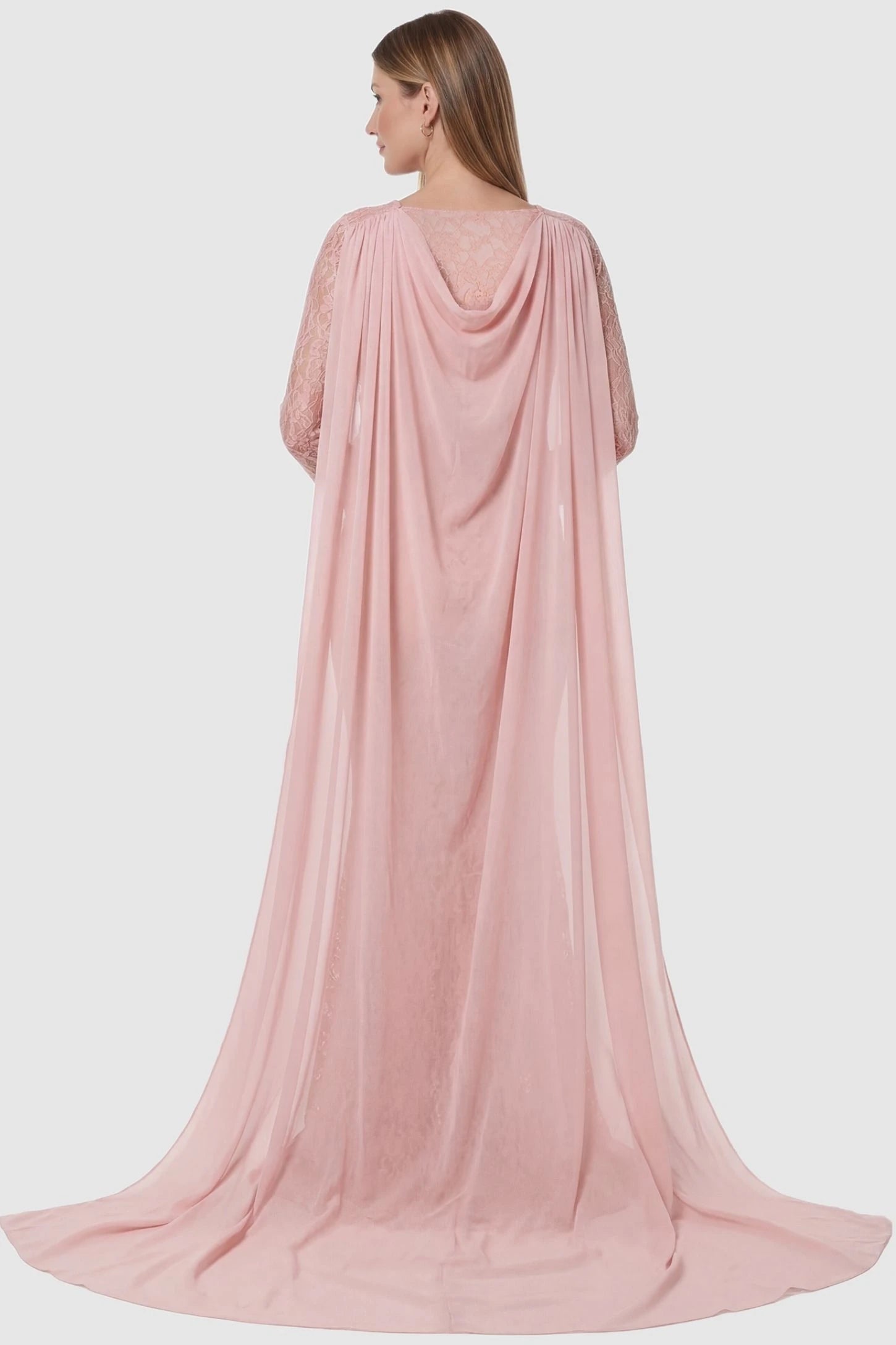 Lace & Chiffon Spliced Long Sleeve Maternity Photoshoot Gown Lace & Chiffon Spliced Maternity Photoshoot Gown in Fruit Pink featuring a floor-length train on a pregnant model back view.