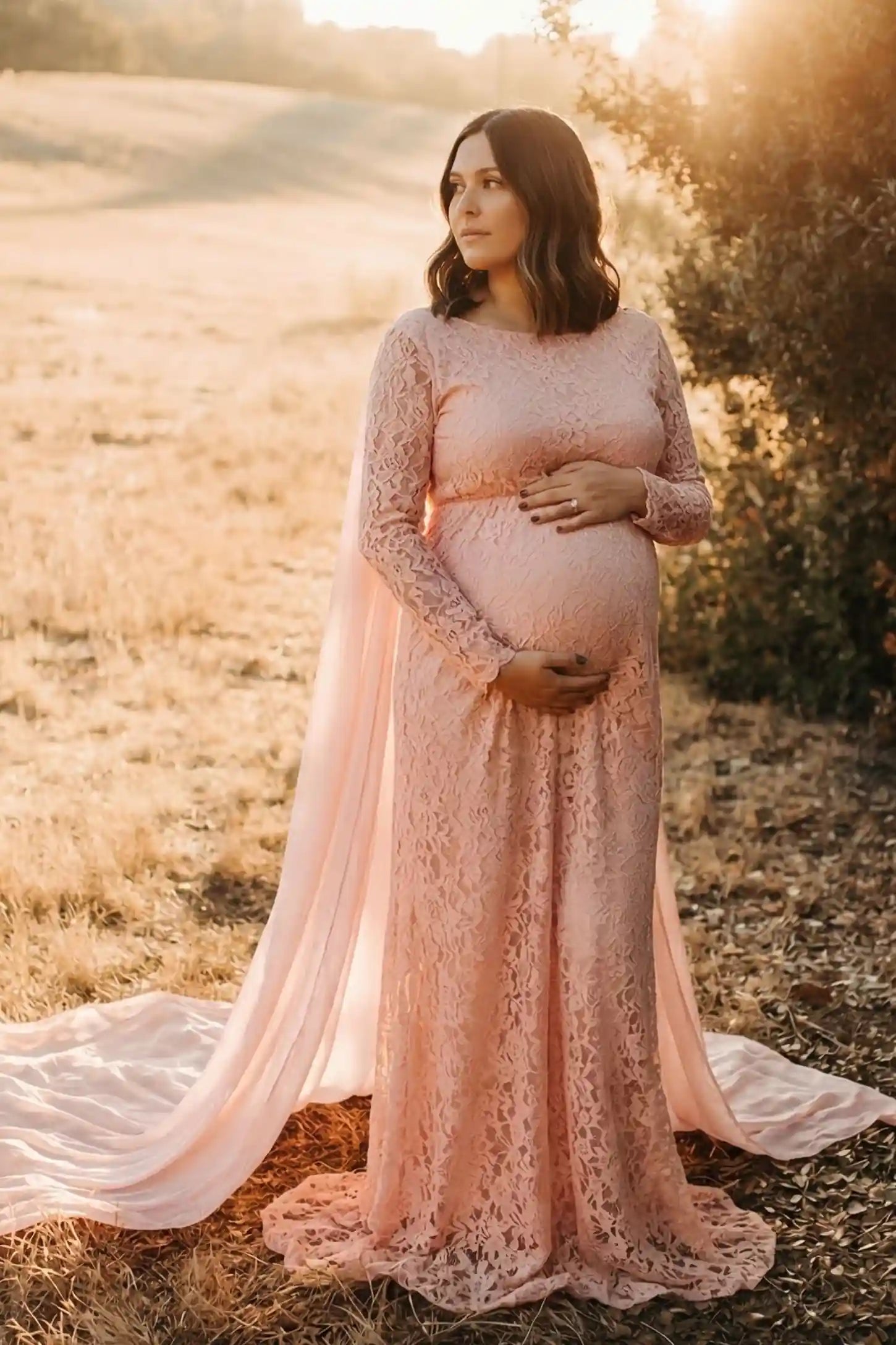 Lace & Chiffon Spliced Maternity Photoshoot Gown in Fruit Pink featuring fitted lace sleeves on a non pregnant model front.
