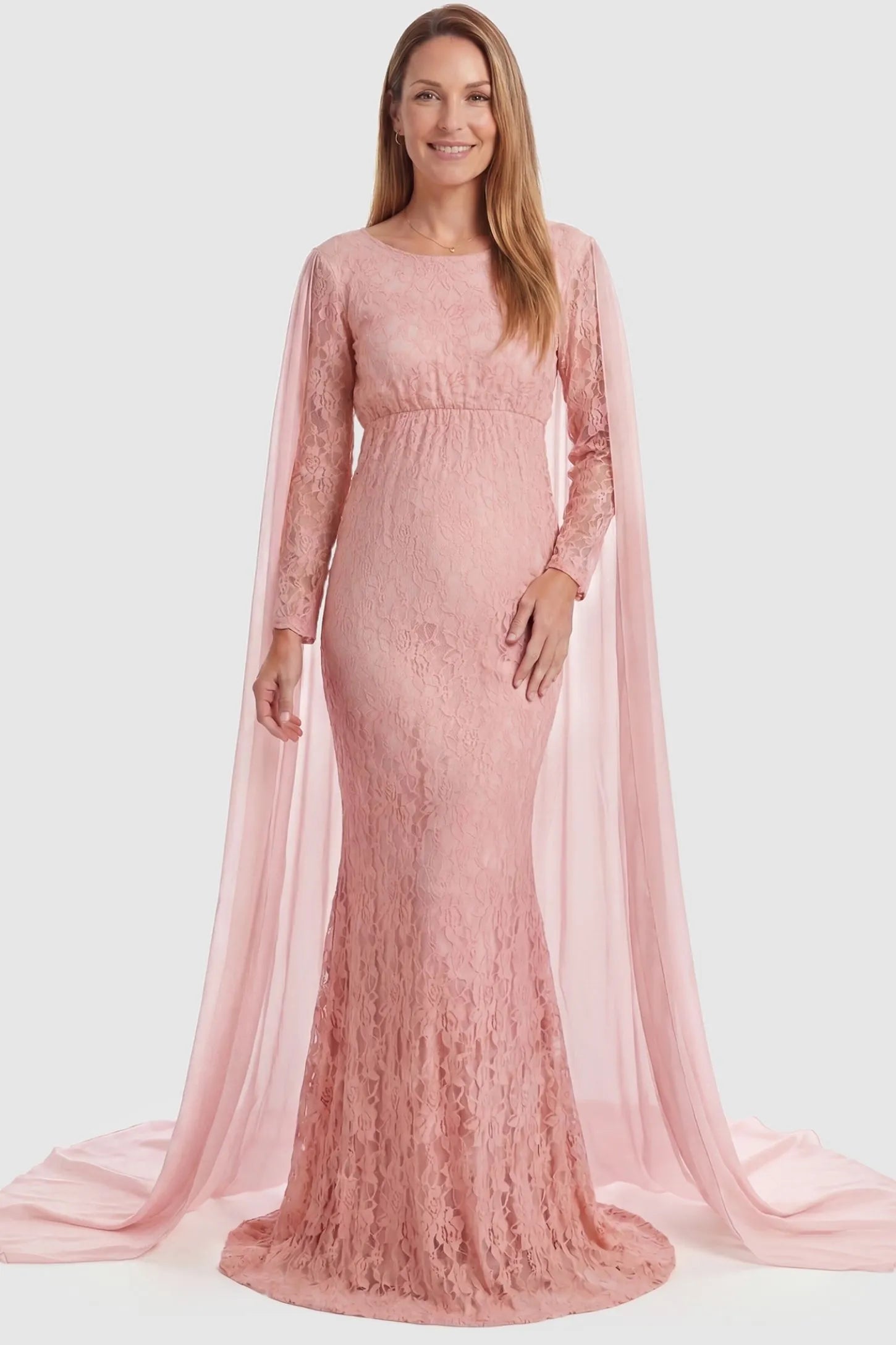 Lace & Chiffon Spliced Long Sleeve Maternity Photoshoot Gown Lace & Chiffon Spliced Maternity Photoshoot Gown in Fruit Pink featuring fitted lace sleeves on a non pregnant model front.