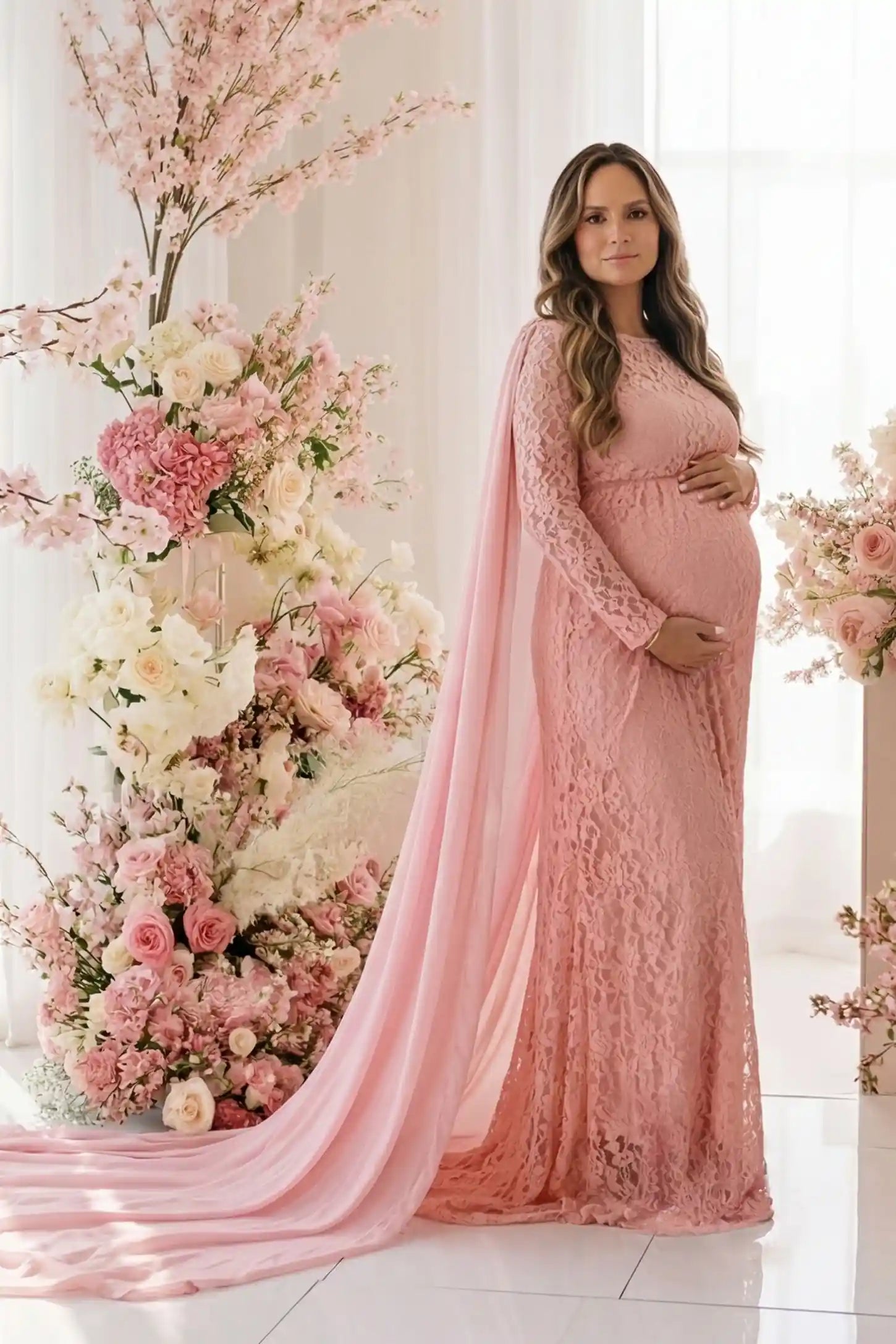 Lace & Chiffon Spliced Long Sleeve Maternity Photoshoot Gown Lace & Chiffon Spliced Maternity Photoshoot Gown in Fruit Pink featuring a sheer chiffon cape on a pregnant model side view.
