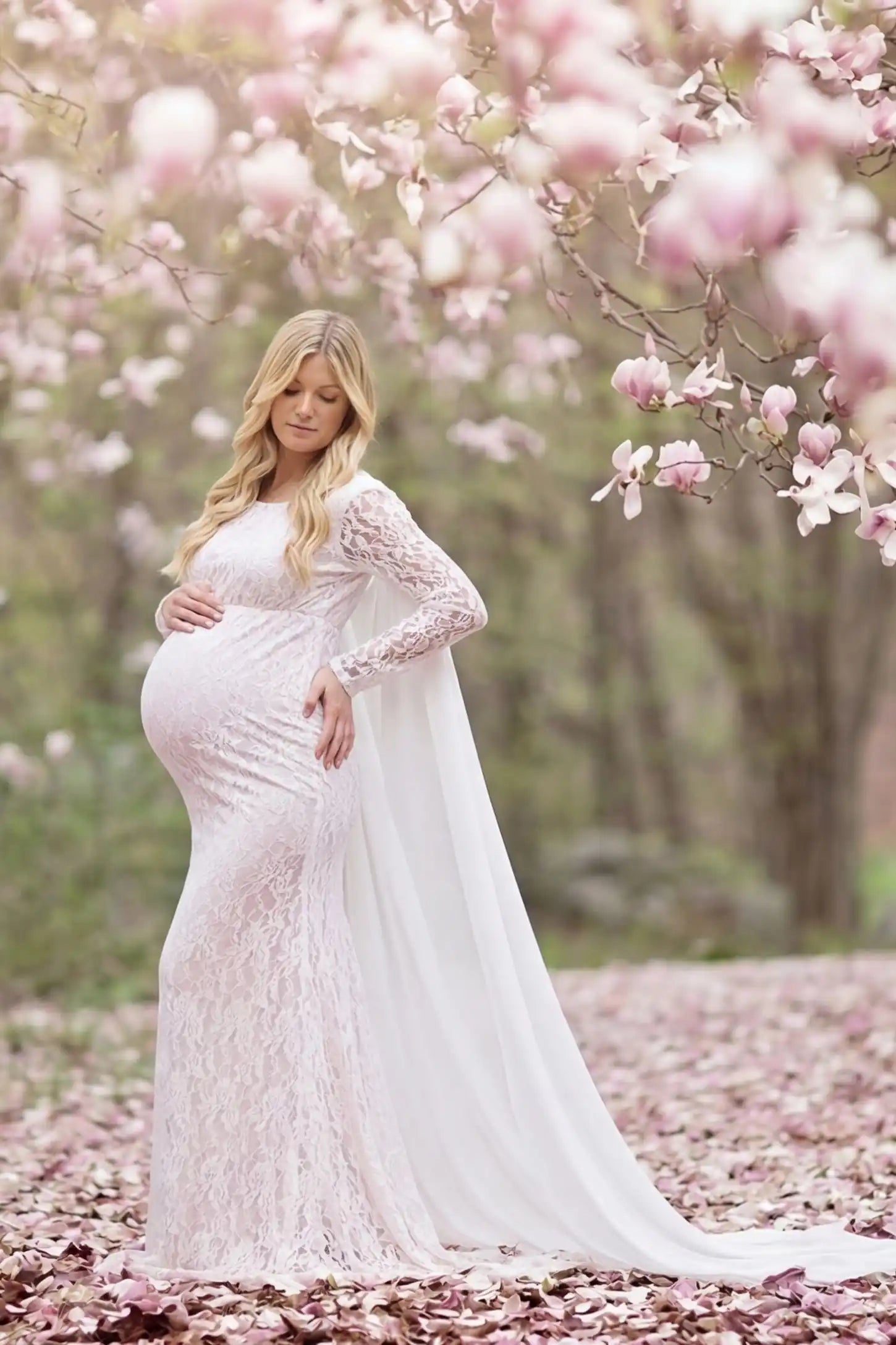 Lace & Chiffon Spliced Long Sleeve Maternity Photoshoot Gown Lace & Chiffon Spliced Maternity Photoshoot Gown in White featuring a slim fit lace skirt on a pregnant model side view.
