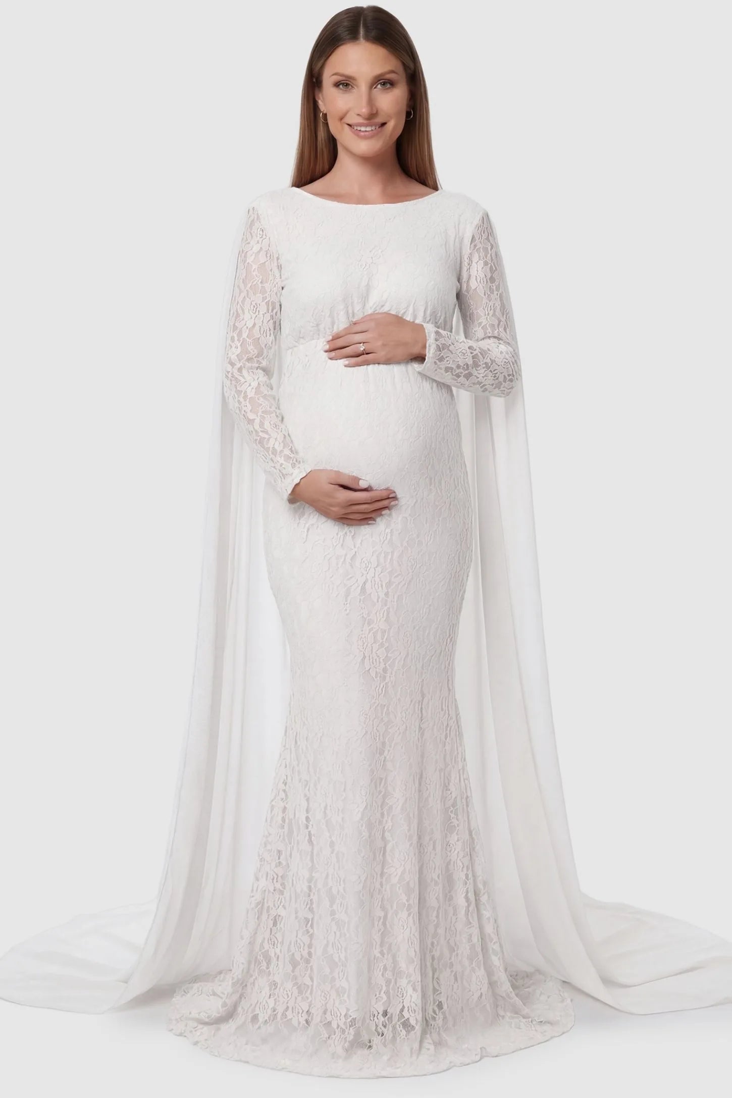 Lace & Chiffon Spliced Long Sleeve Maternity Photoshoot Gown Lace & Chiffon Spliced Maternity Photoshoot Gown in White featuring a classic scoop neckline on a pregnant model front view.