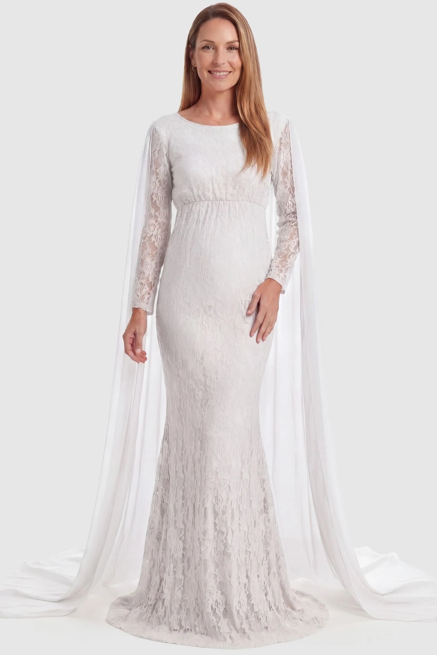 Lace & Chiffon Spliced Long Sleeve Maternity Photoshoot Gown Lace & Chiffon Spliced Maternity Photoshoot Gown in White featuring a scalloped lace hem on a non pregnant model front view.