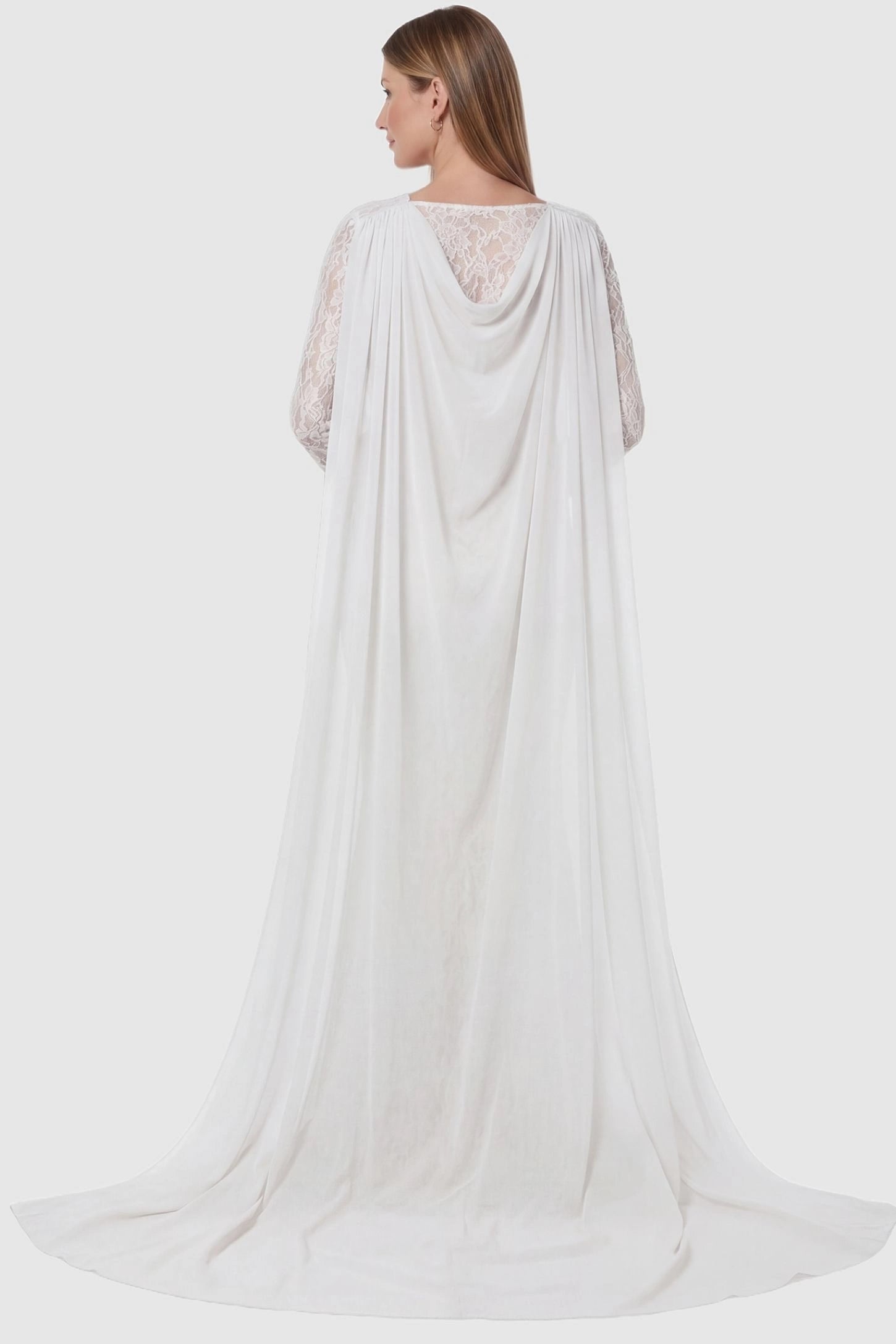 Lace & Chiffon Spliced Long Sleeve Maternity Photoshoot Gown Lace & Chiffon Spliced Maternity Photoshoot Gown in White featuring a dramatic floor-length cape on a pregnant model back view.