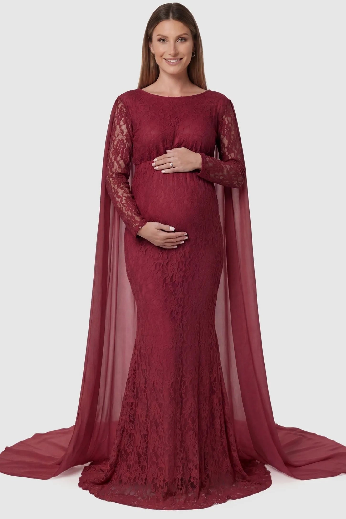 Lace & Chiffon Spliced Long Sleeve Maternity Photoshoot Gown Lace & Chiffon Spliced Maternity Photoshoot Gown in Wine Red featuring a floral lace bodice on a pregnant model front view.
