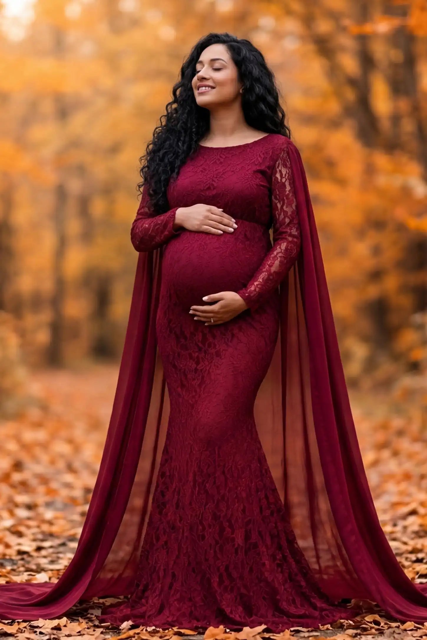 Lace & Chiffon Spliced Long Sleeve Maternity Photoshoot Gown Lace & Chiffon Spliced Maternity Photoshoot Gown in Wine Red featuring a floral lace bodice on a pregnant model front view.