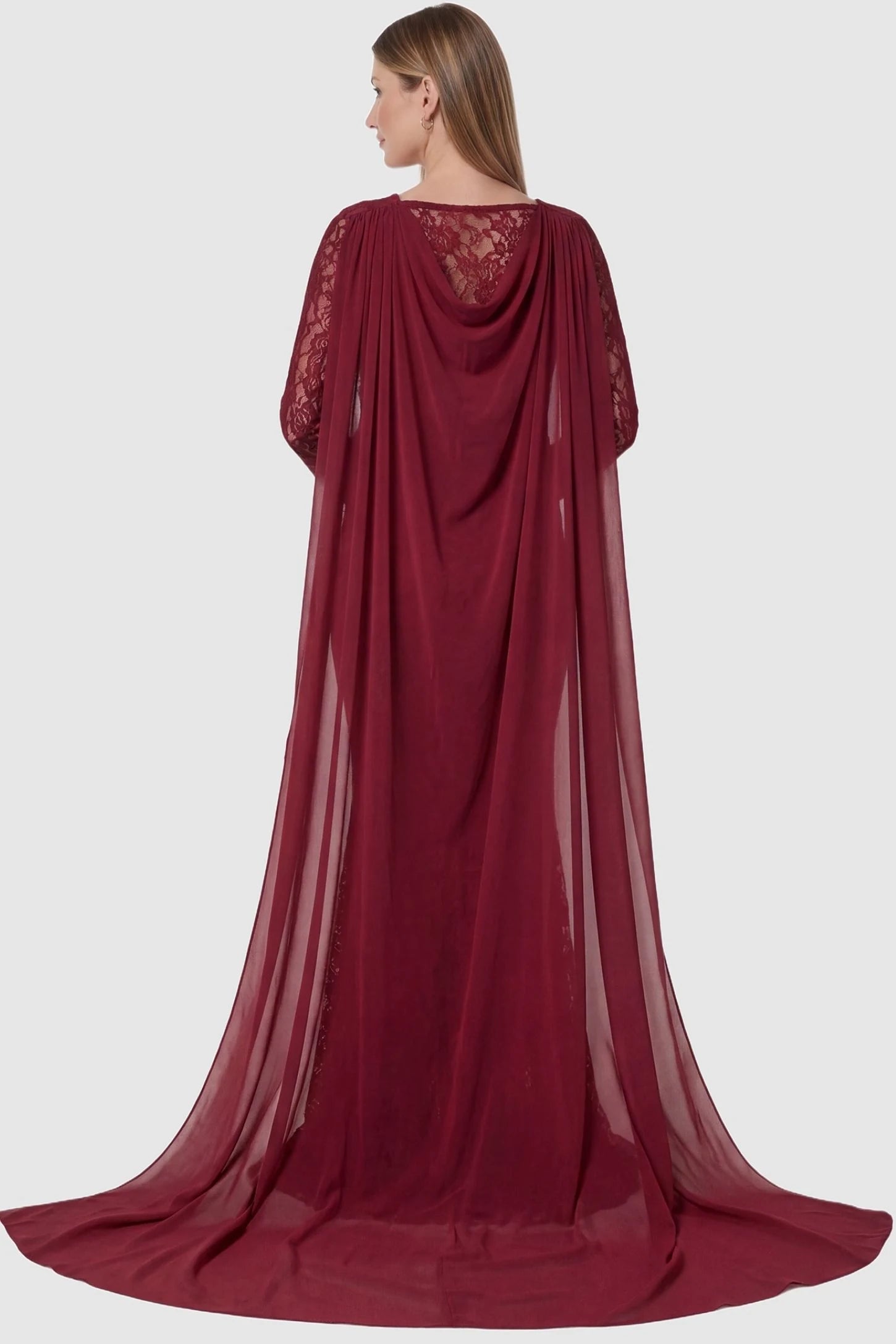 Lace & Chiffon Spliced Long Sleeve Maternity Photoshoot Gown Lace & Chiffon Spliced Maternity Photoshoot Gown in Wine Red featuring a flowing chiffon train on a pregnant model back view.