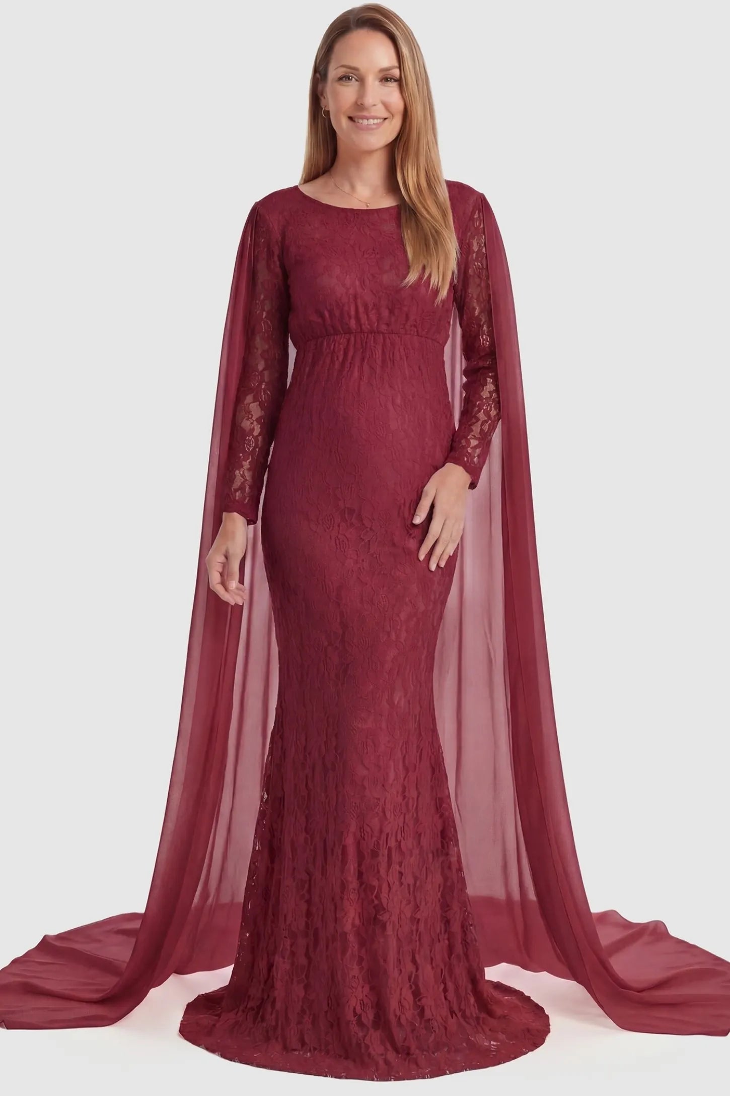 Lace & Chiffon Spliced Long Sleeve Maternity Photoshoot Gown Lace & Chiffon Spliced Maternity Photoshoot Gown in Wine Red featuring fitted long lace sleeves on a non pregnant model front.