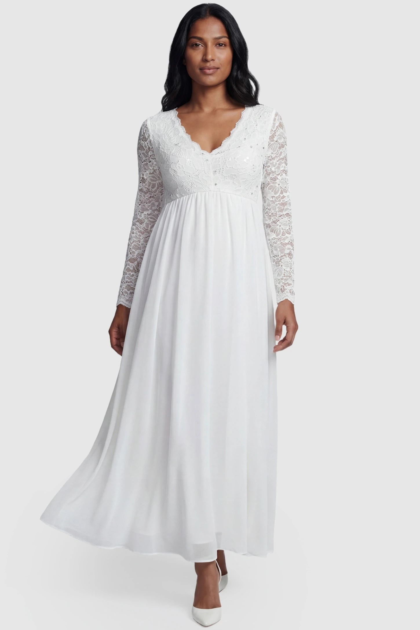 Lace Empire Waist Maternity Wedding Dress Lace & Chiffon Empire Waist Maternity Wedding Gown in White featuring intricate floral lace on a non-pregnant model.