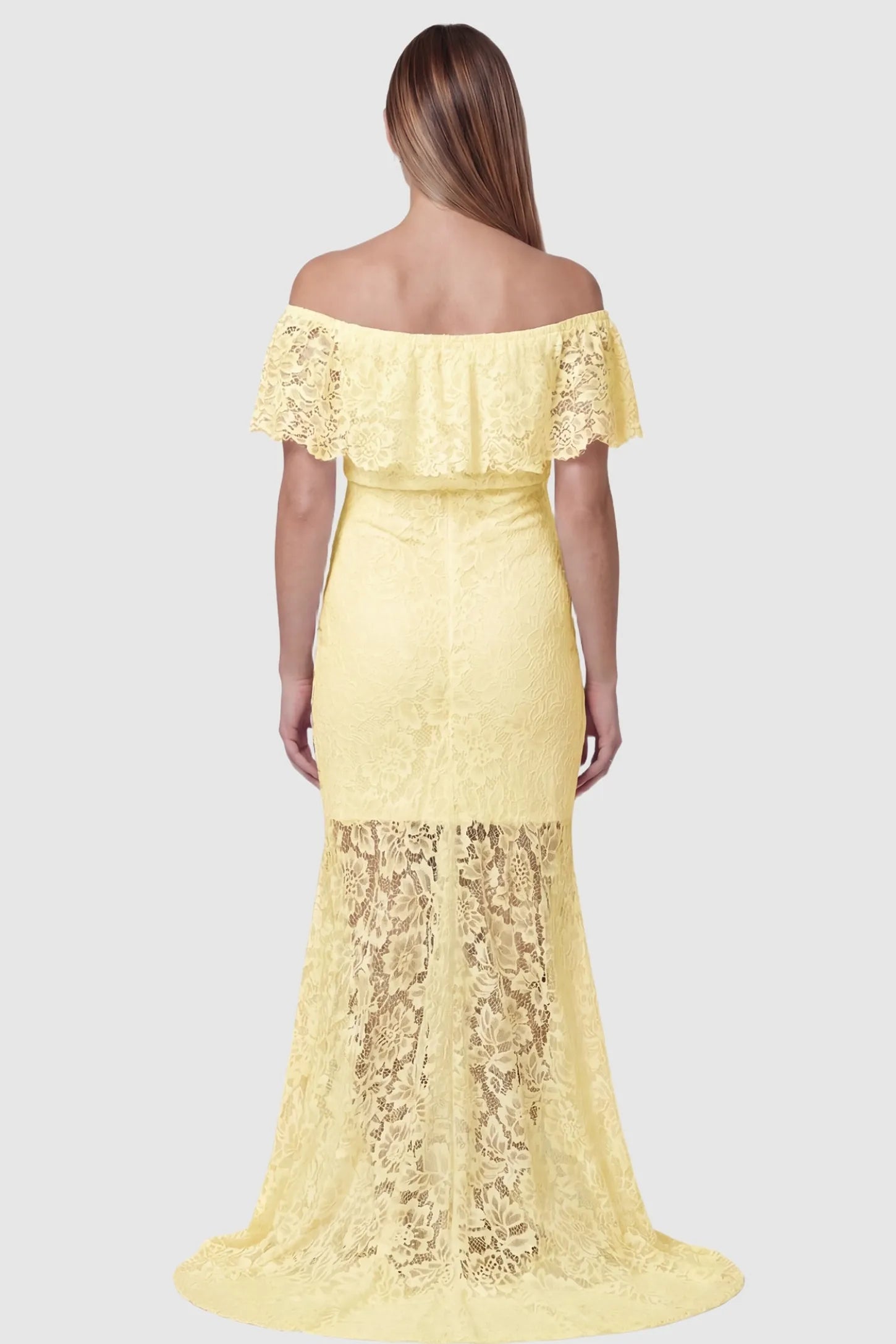 Lace Off-the-Shoulder Flutter Sleeve Maternity Maxi Dress Lace Off-the-Shoulder Flutter Sleeve Maternity Dress in Beige featuring a high-low hemline on the back of a pregnant model.