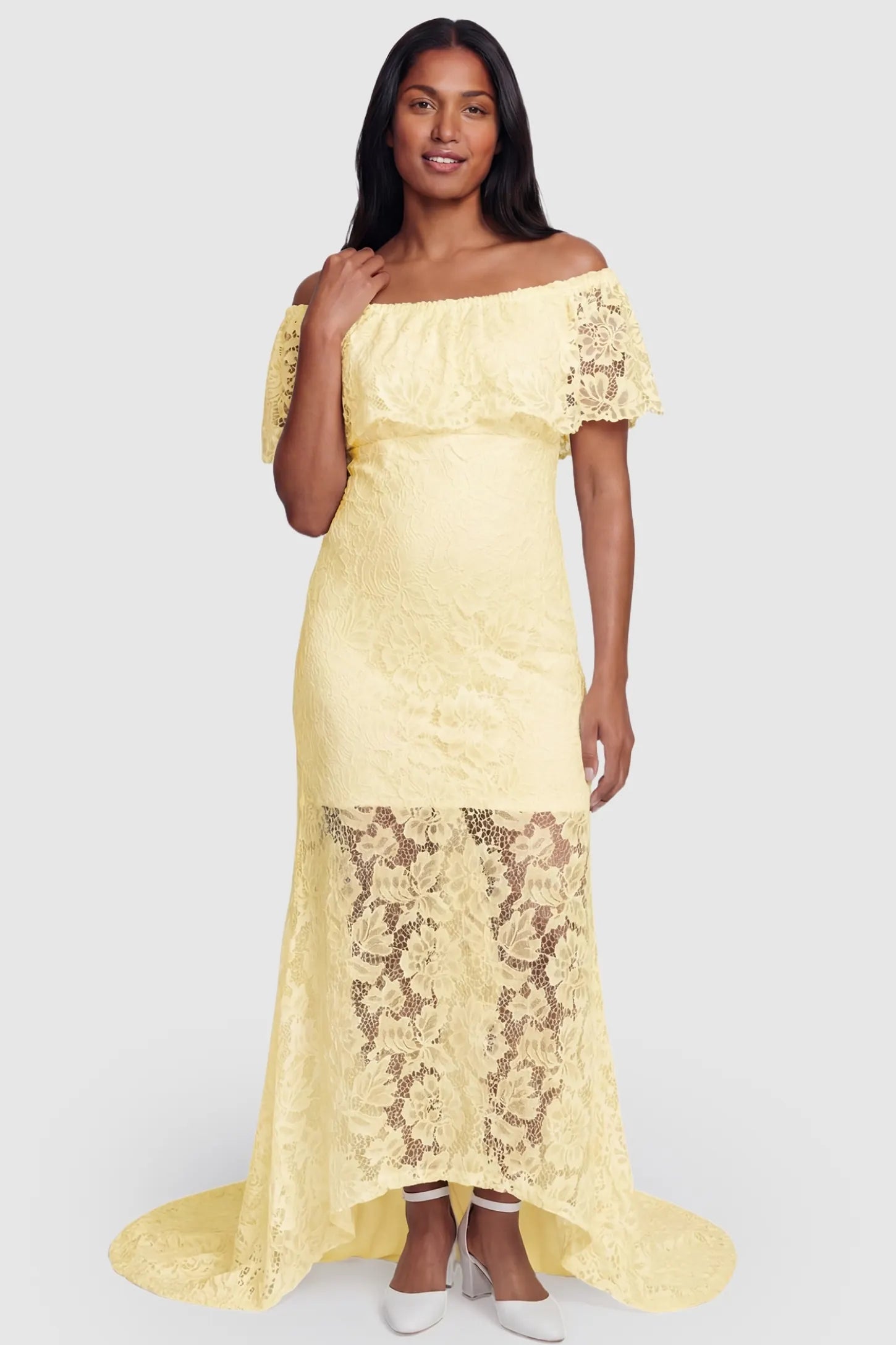 Lace Off-the-Shoulder Flutter Sleeve Maternity Maxi Dress Lace Off-the-Shoulder Flutter Sleeve Maternity Dress in Beige featuring a transition-friendly fit on a non-pregnant model.