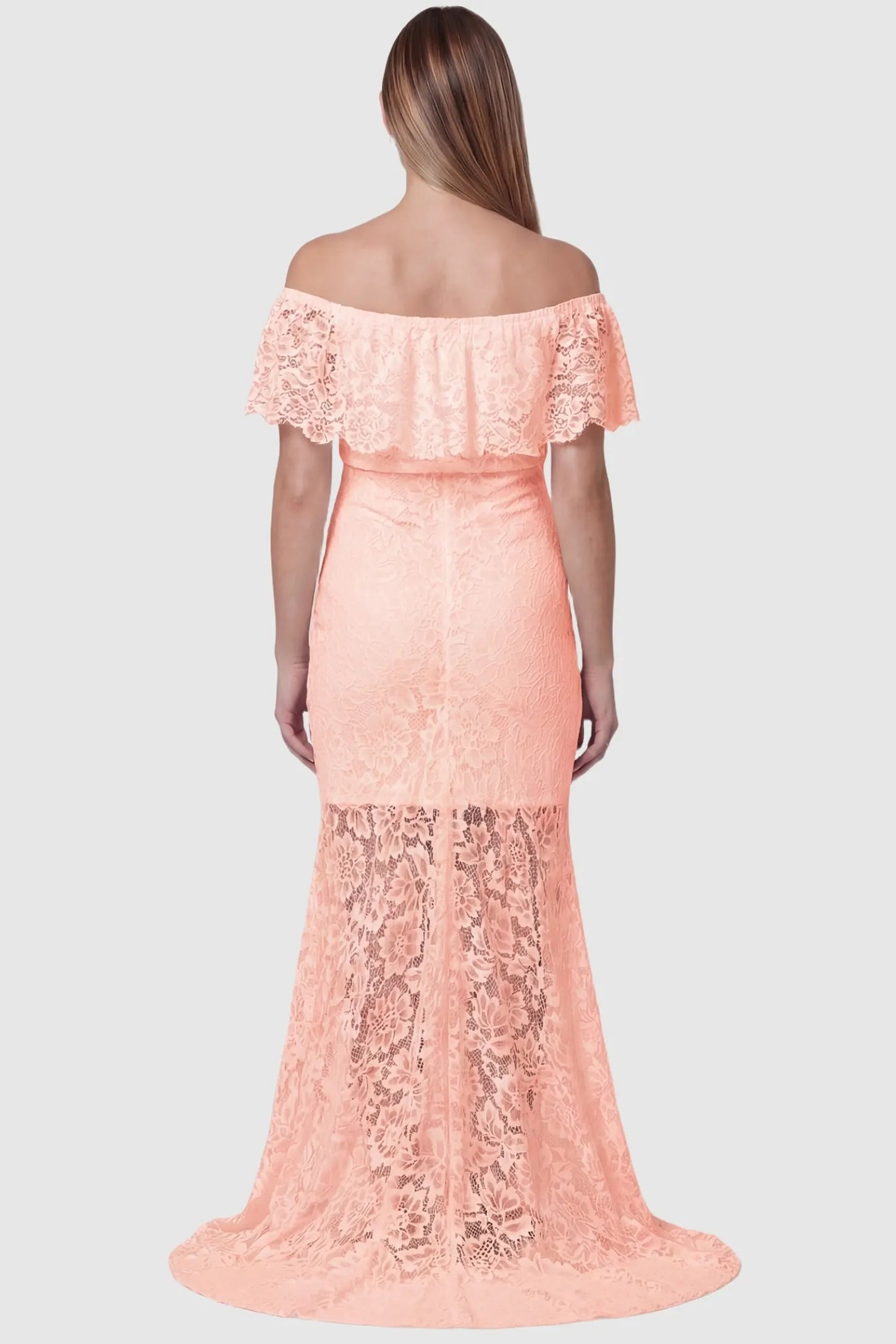 Lace Off-the-Shoulder Flutter Sleeve Maternity Maxi Dress Lace Off-the-Shoulder Flutter Sleeve Maternity Dress in Pink featuring an elegant sweeping train on the back of a pregnant model.