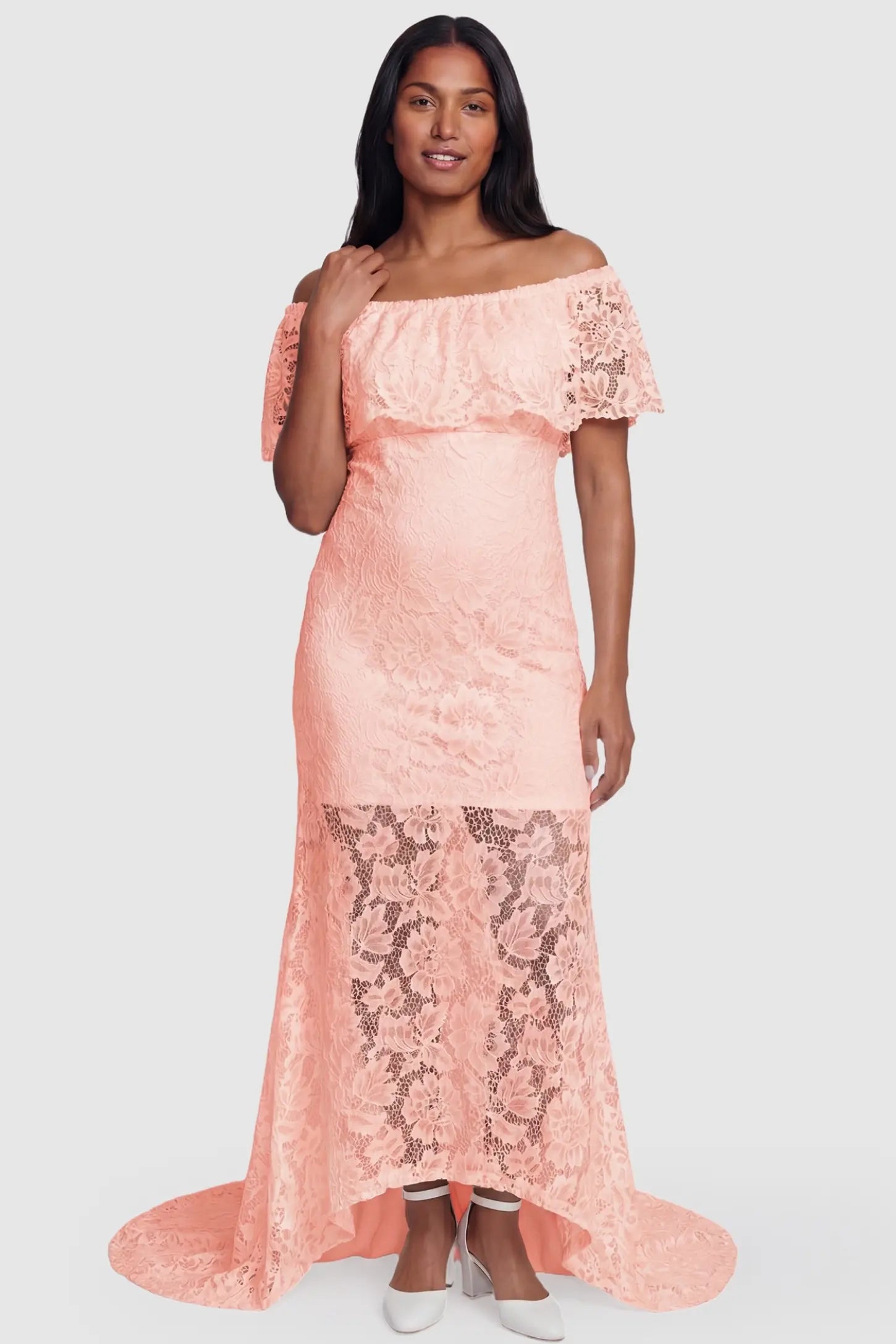 Lace Off-the-Shoulder Flutter Sleeve Maternity Maxi Dress Lace Off-the-Shoulder Flutter Sleeve Maternity Dress in Pink featuring a flexible waistline on a non-pregnant model.