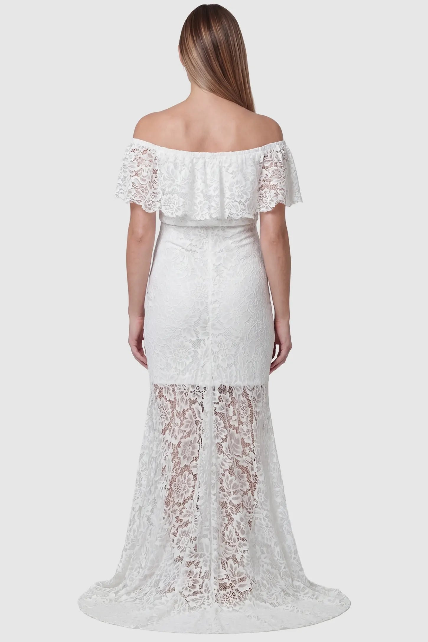 Lace Off-the-Shoulder Flutter Sleeve Maternity Maxi Dress Lace Off-the-Shoulder Flutter Sleeve Maternity Dress in White featuring a flowing floor-length hem on the back of a pregnant model.