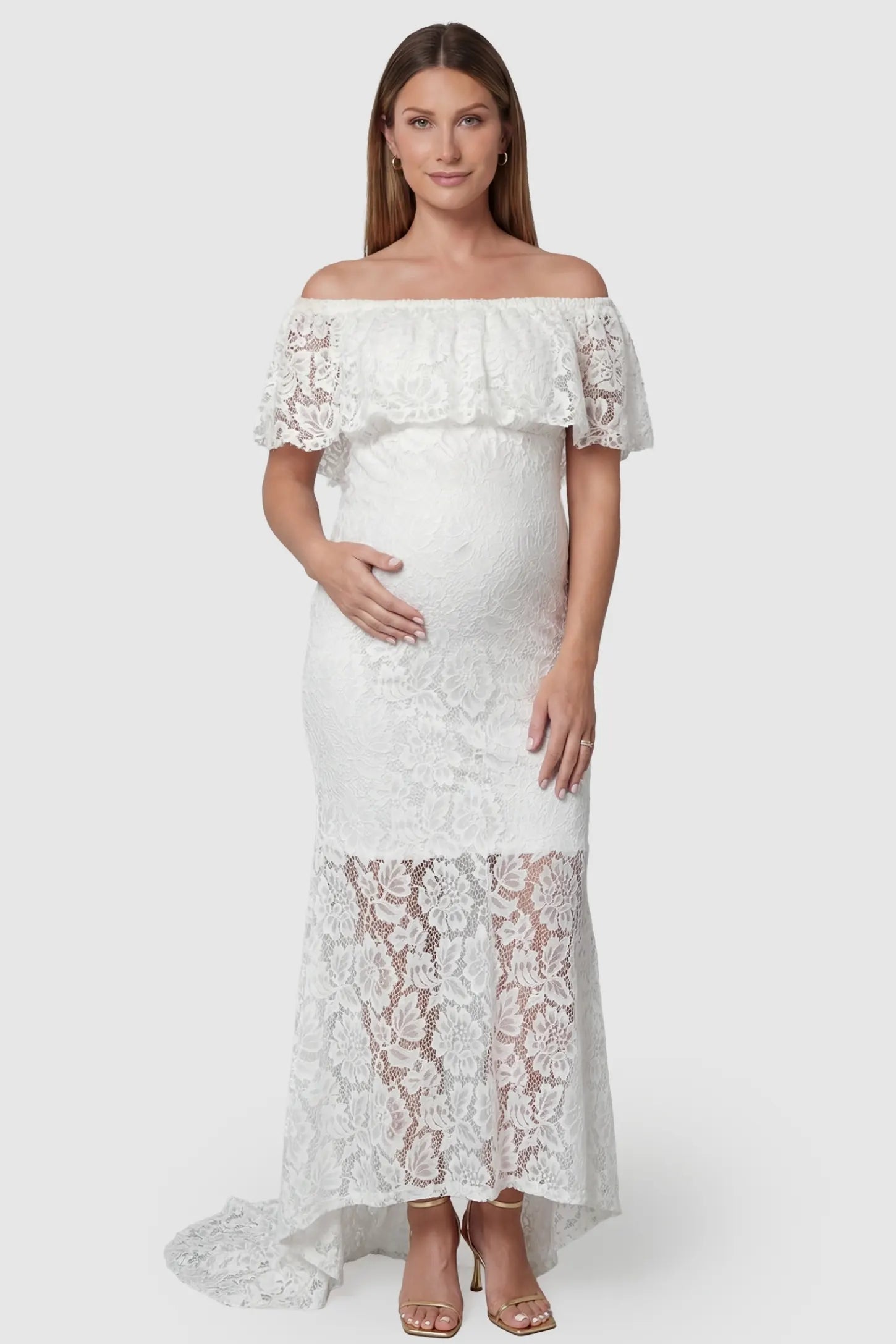 Lace Off-the-Shoulder Flutter Sleeve Maternity Maxi Dress Lace Off-the-Shoulder Flutter Sleeve Maternity Dress in White featuring romantic flutter sleeves on a front-facing pregnant model.
