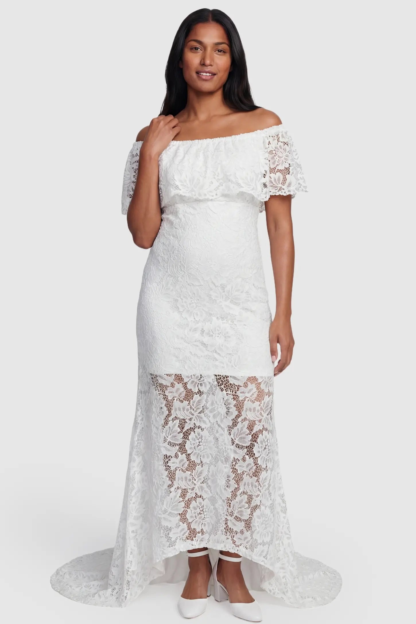 Lace Off-the-Shoulder Flutter Sleeve Maternity Maxi Dress Lace Off-the-Shoulder Flutter Sleeve Maternity Dress in White featuring a versatile smocked top on a non-pregnant model.