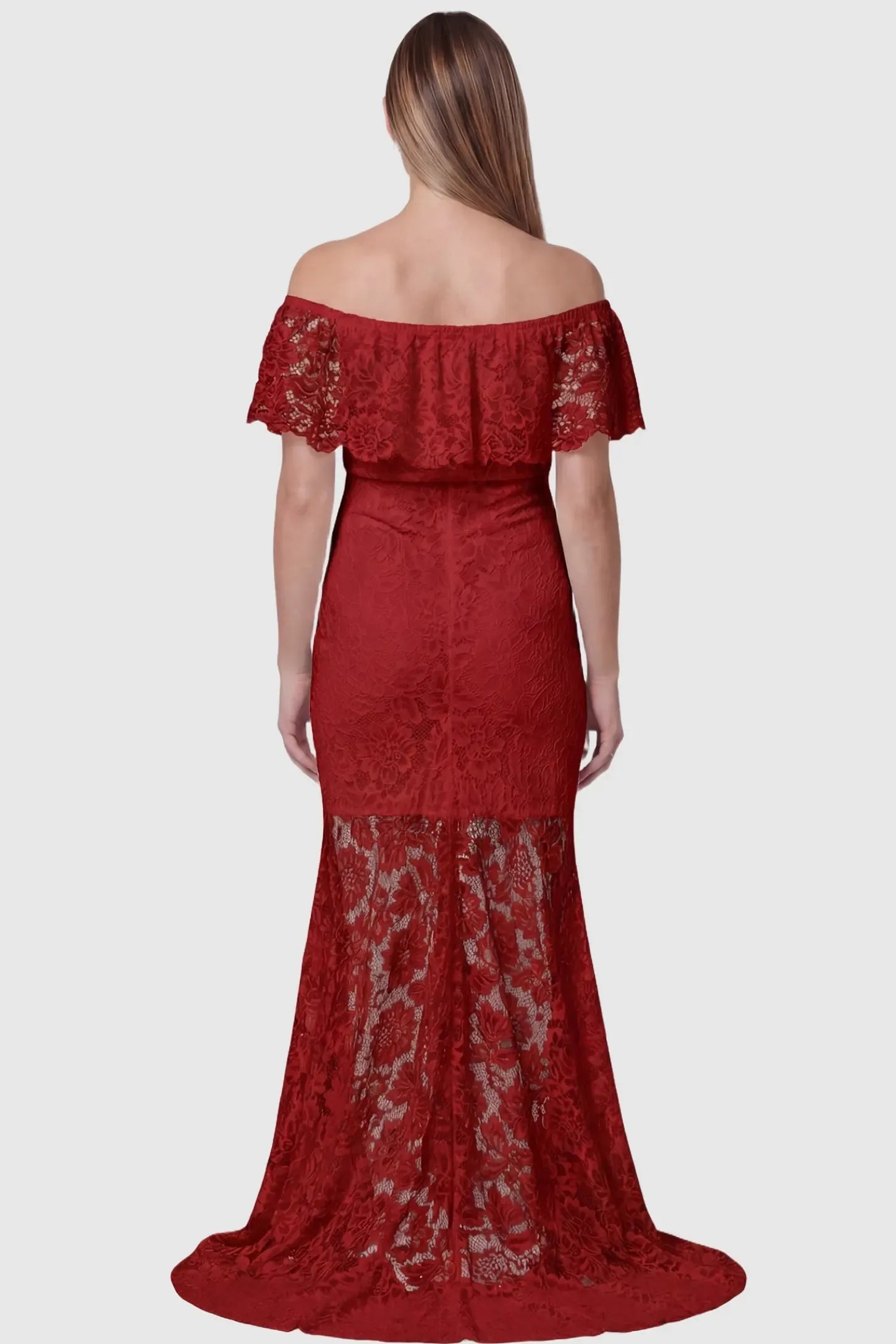 Lace Off-the-Shoulder Flutter Sleeve Maternity Maxi Dress Lace Off-the-Shoulder Flutter Sleeve Maternity Dress in Wine Red featuring a delicate lace train on the back of a pregnant model.