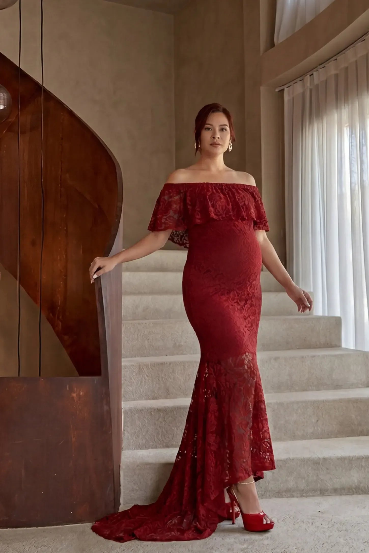 Lace Off-the-Shoulder Flutter Sleeve Maternity Dress in Wine Red featuring floral lace on a front-facing pregnant model.
