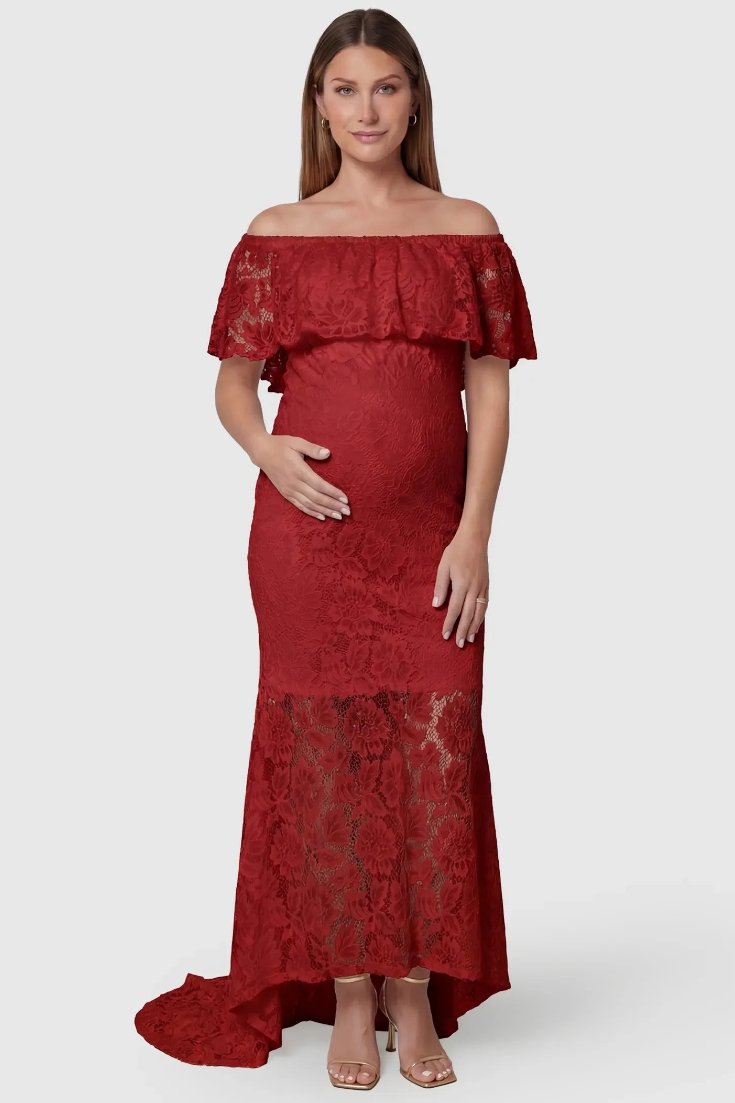 Lace Off-the-Shoulder Flutter Sleeve Maternity Dress in Wine Red featuring floral lace on a front-facing pregnant model.