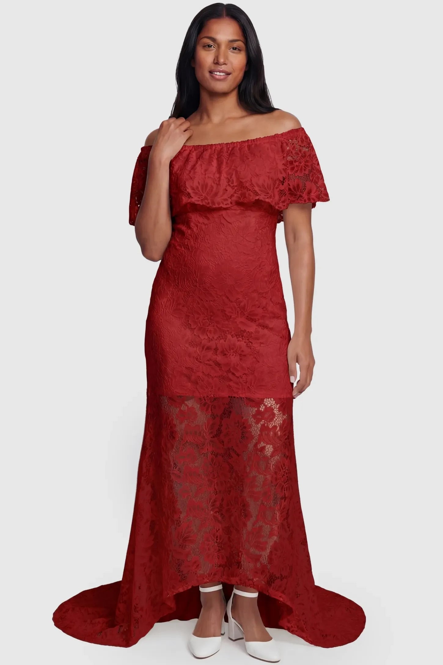 Lace Off-the-Shoulder Flutter Sleeve Maternity Maxi Dress Lace Off-the-Shoulder Flutter Sleeve Maternity Dress in Wine Red featuring an elasticized bodice on a non-pregnant model.